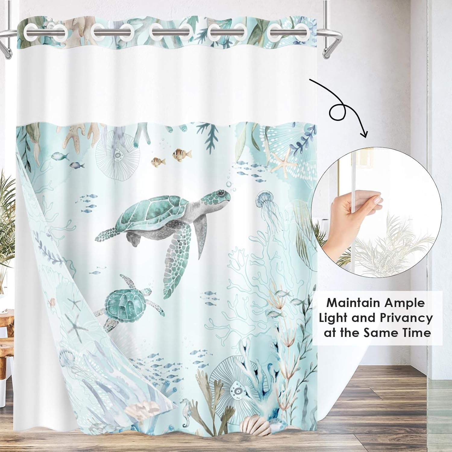 Nesphy Nautical Blue Sea Turtles Shower Curtain Set with Snap Lining