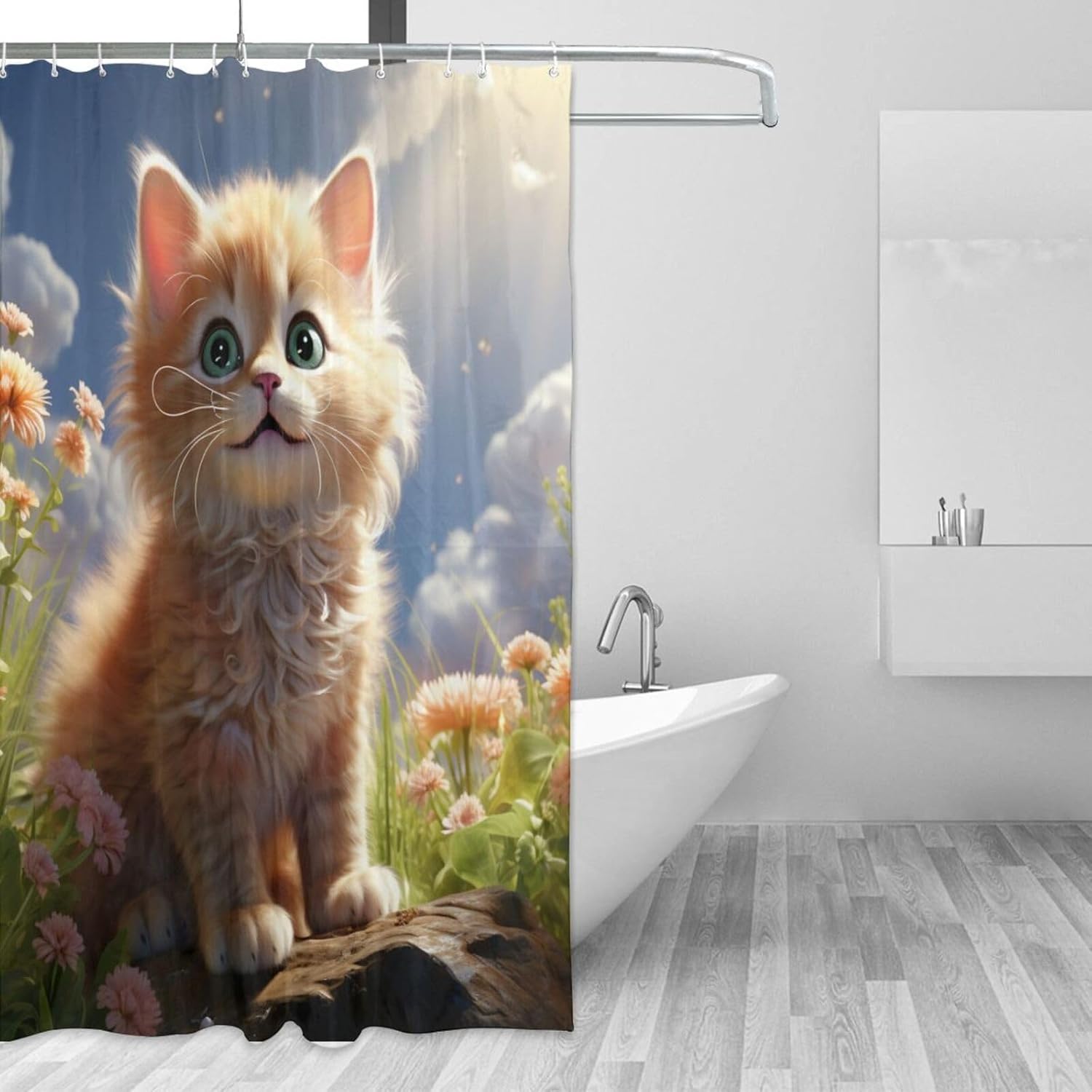 Brown Cat Boho Shower Curtain Set with 12 Hooks 72x72in 1