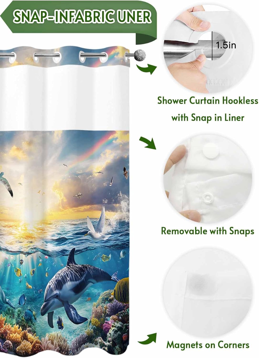 No Hooks Shower Curtain Set 72x72 with Dolphins Liner 1