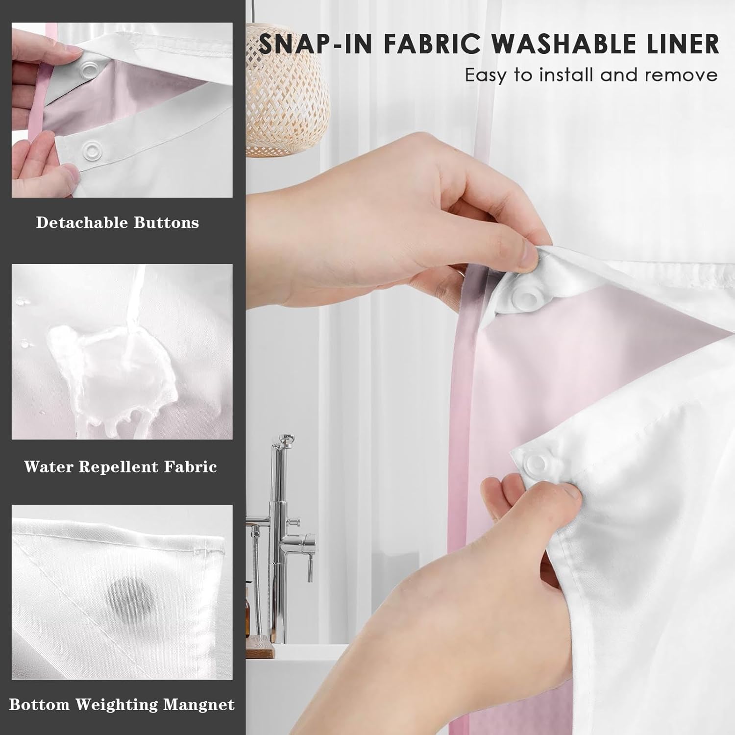 Nesphy No Hook Ombre Pink Shower Curtain Set 1