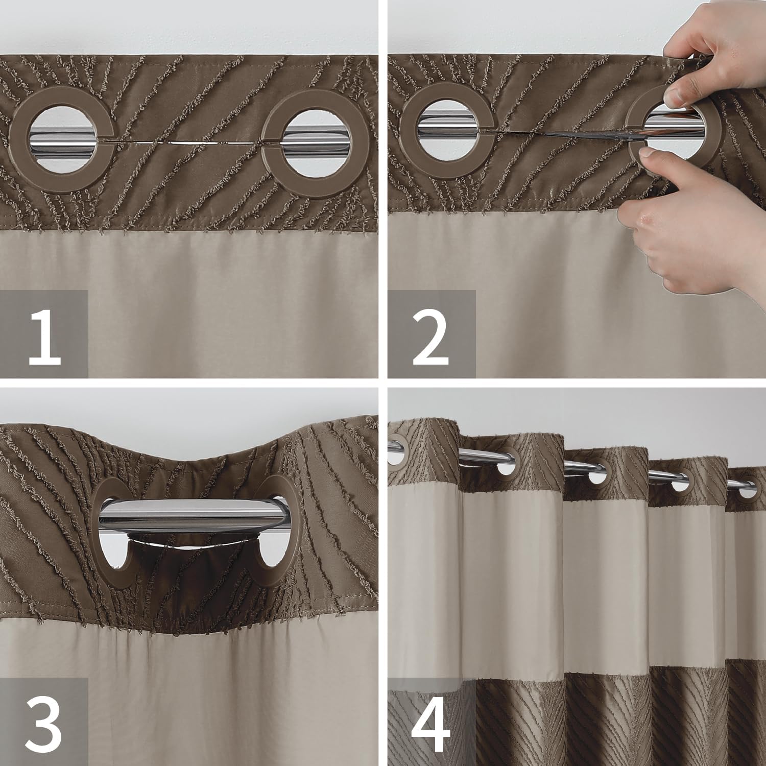 No Hook Boho Shower Curtain Set with Tufted Stripes and Snap Liner