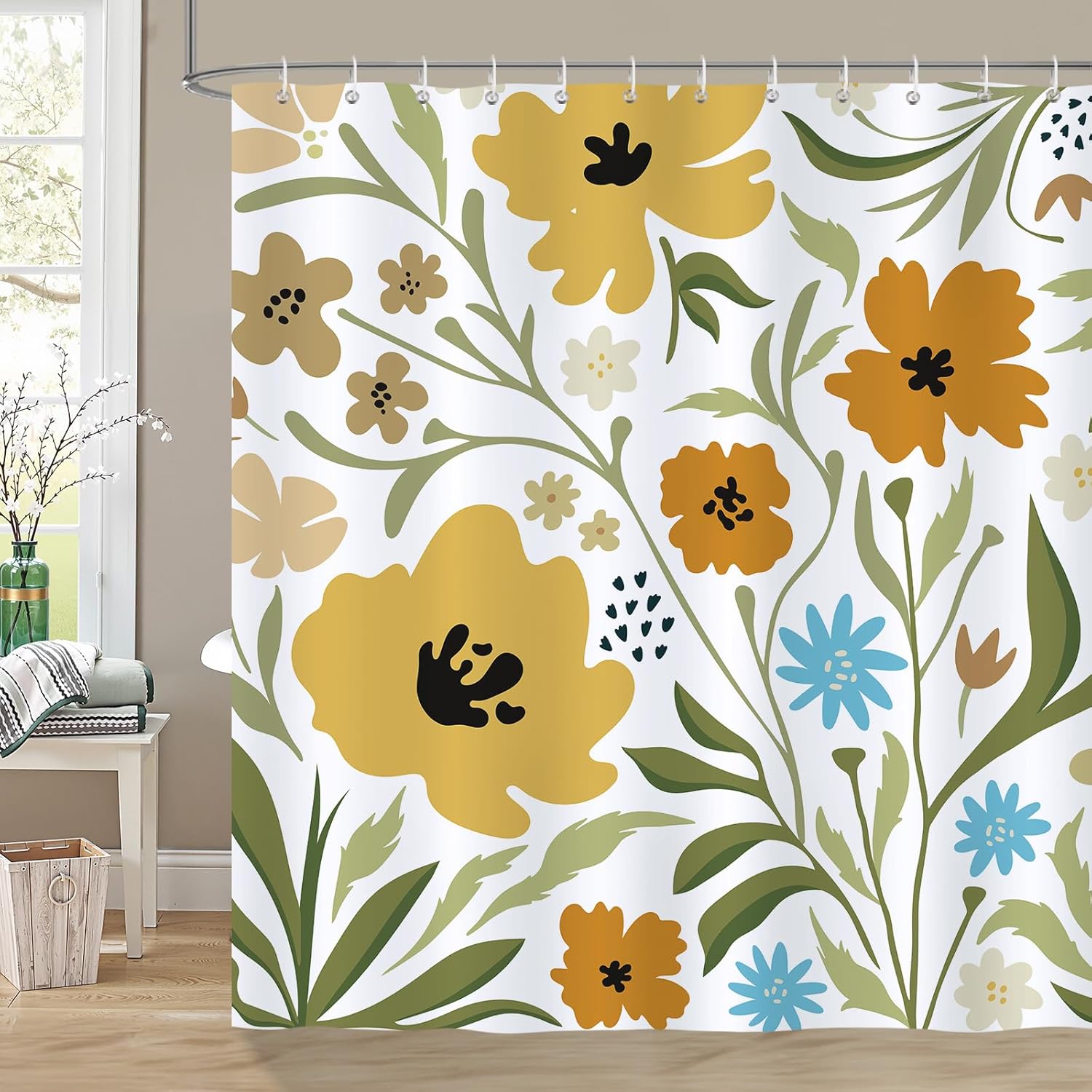 Boho Floral Shower Curtain with 12 Hooks 72x72 Inches