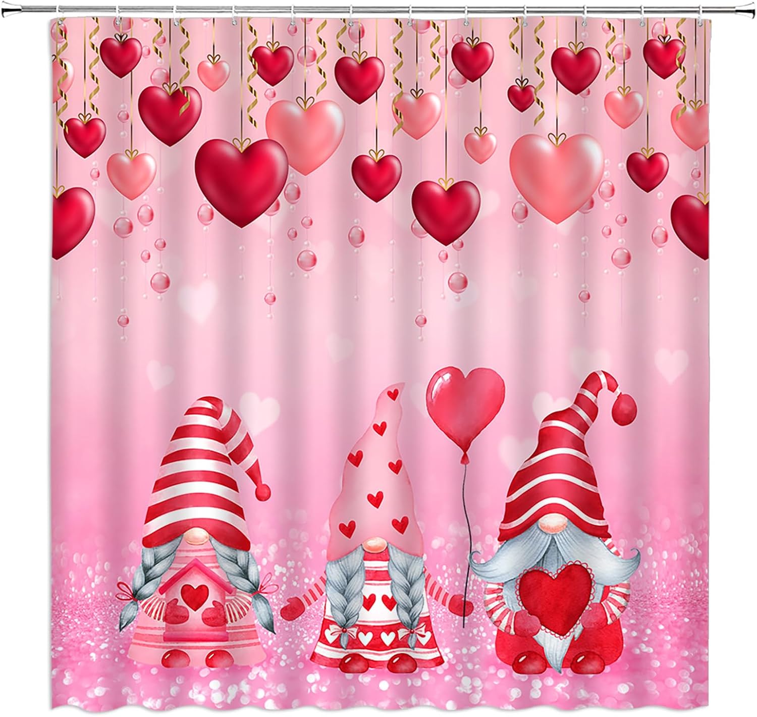 Valentines Day Gnome Shower Curtain Set with Hooks 70x70