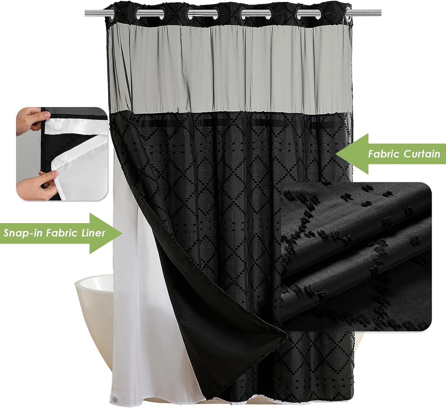 Nesphy Hookless Boho Shower Curtain Set Black Chevron Tufted Design