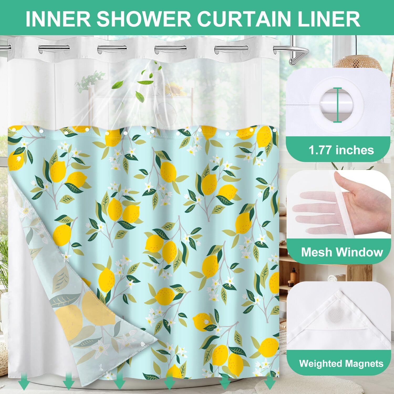 Lokigo Teal Blue Hookless Shower Curtain Set with Liner