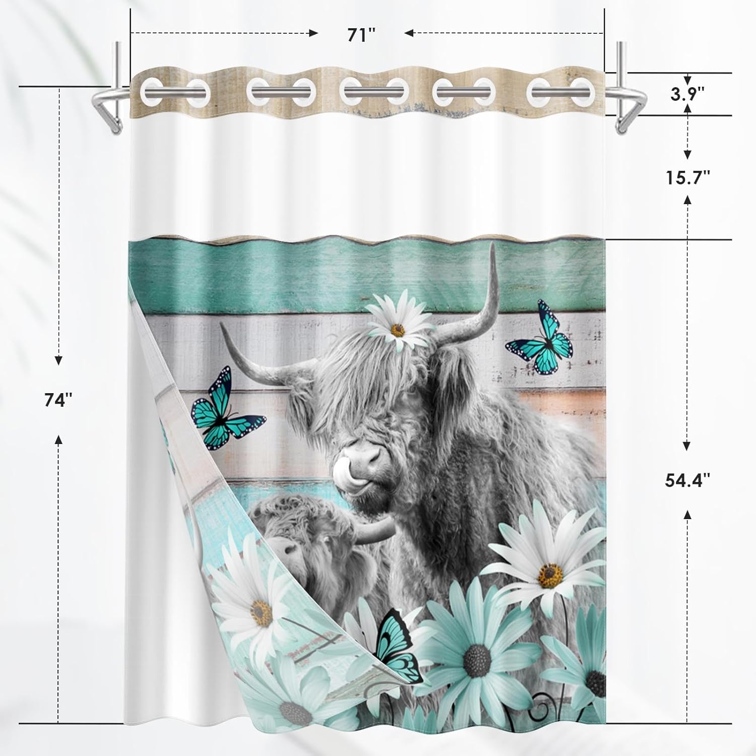 Nesphy No Hook Highland Cow Shower Curtain Set 1