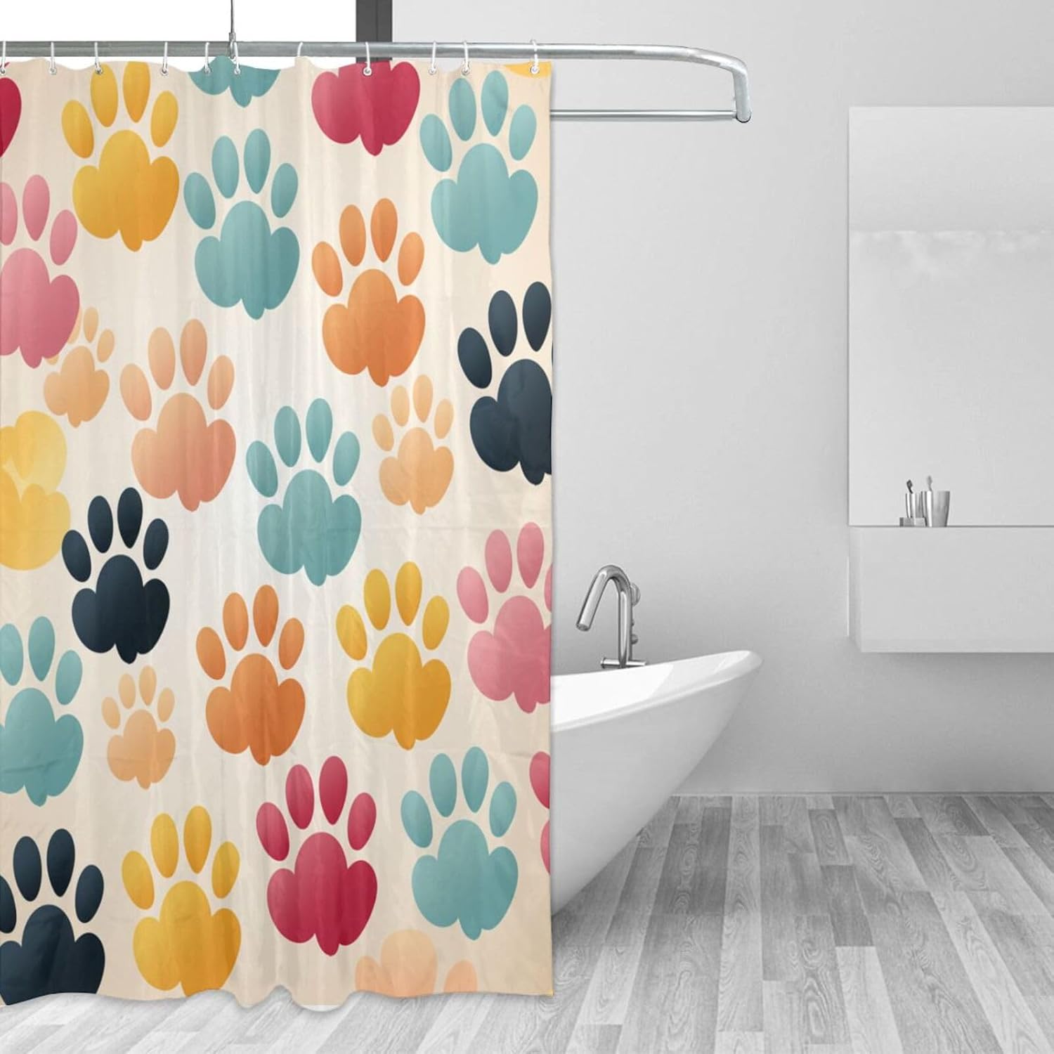 Animal Paw Prints Shower Curtain Set 72x72in Red Blue Yellow Black