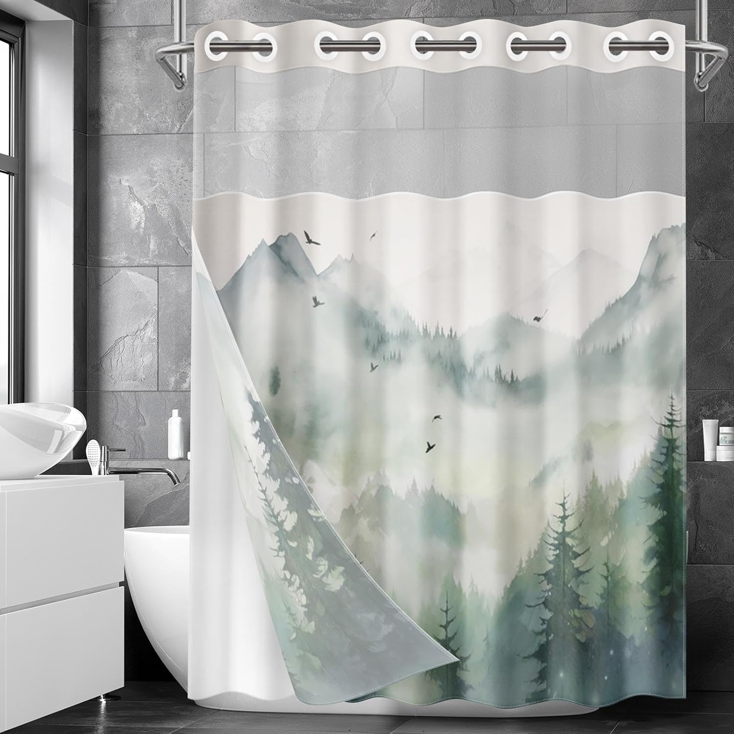 Nesphy No Hook Landscape Forest Shower Curtain Set