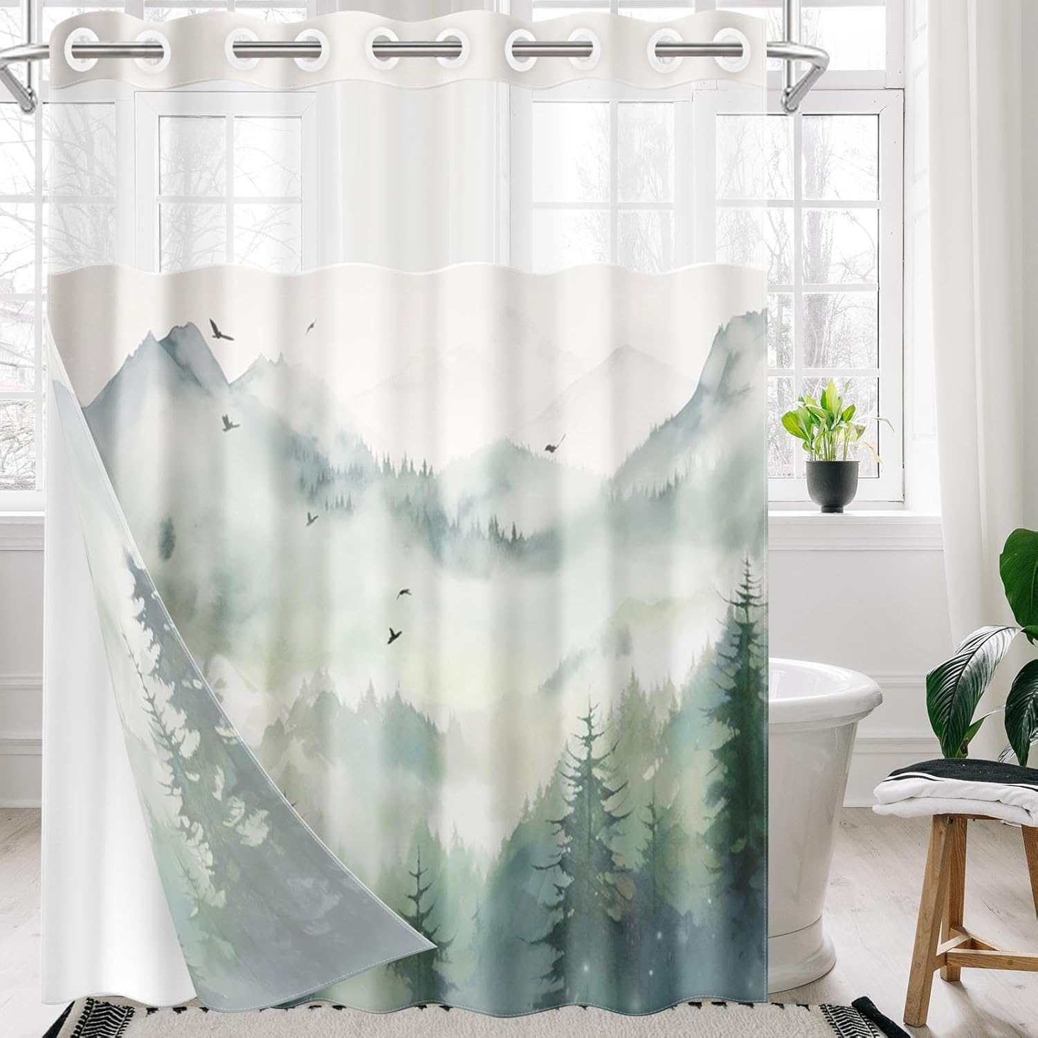 Nesphy No Hook Landscape Forest Shower Curtain Set