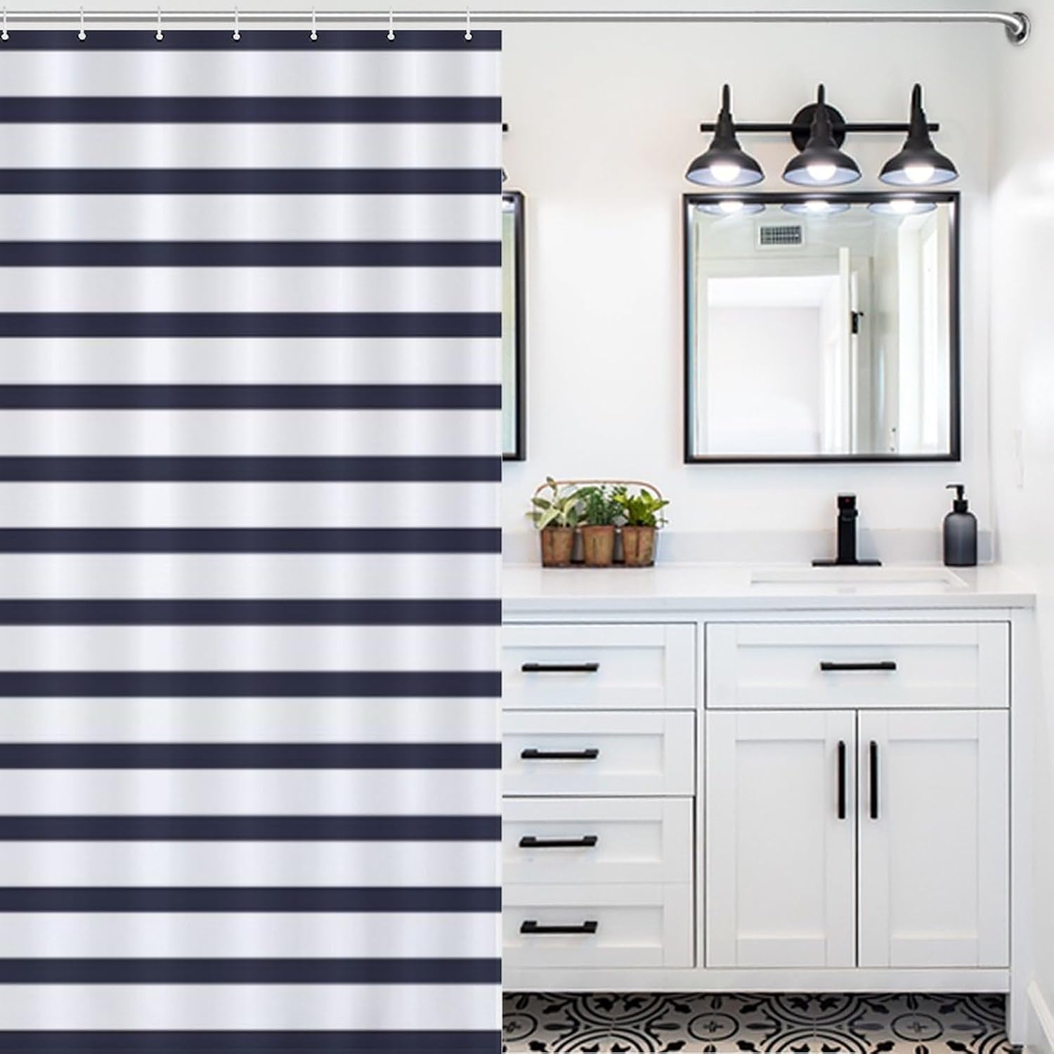 Navy Blue Summer Stripes Shower Curtain Set with 12 Hooks 60x72inch