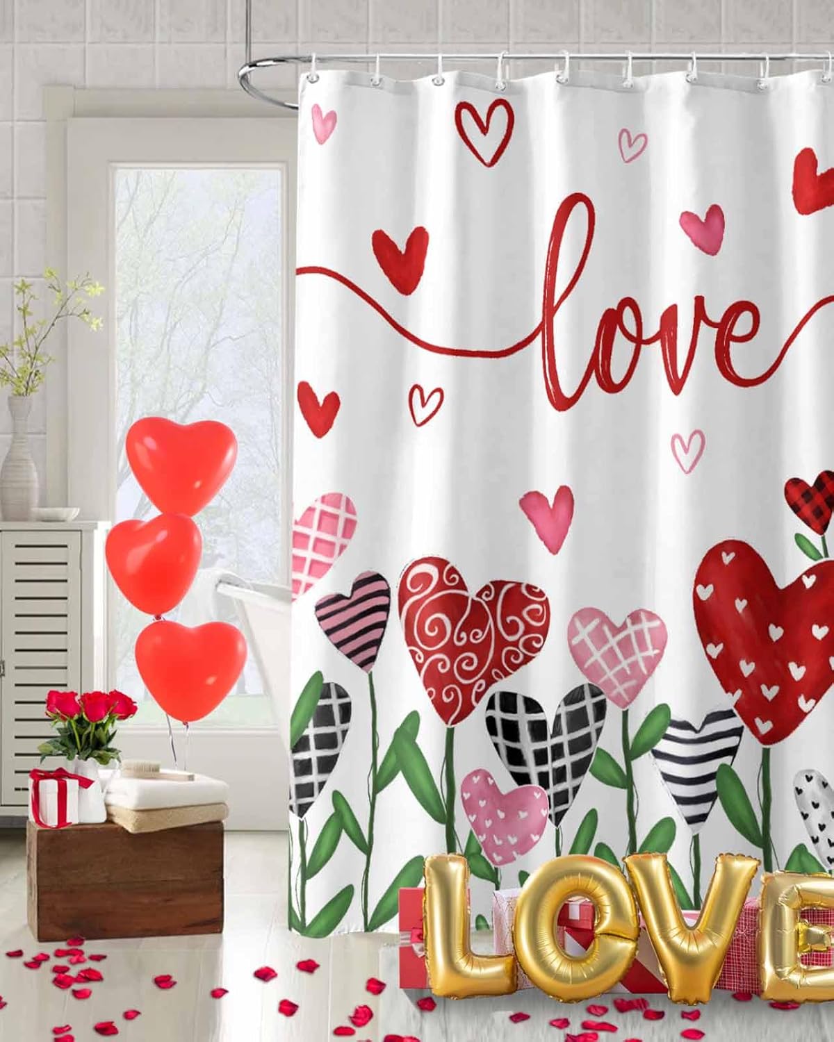 Vandarllin Pink Red Heart Shower Curtain Set 72x72