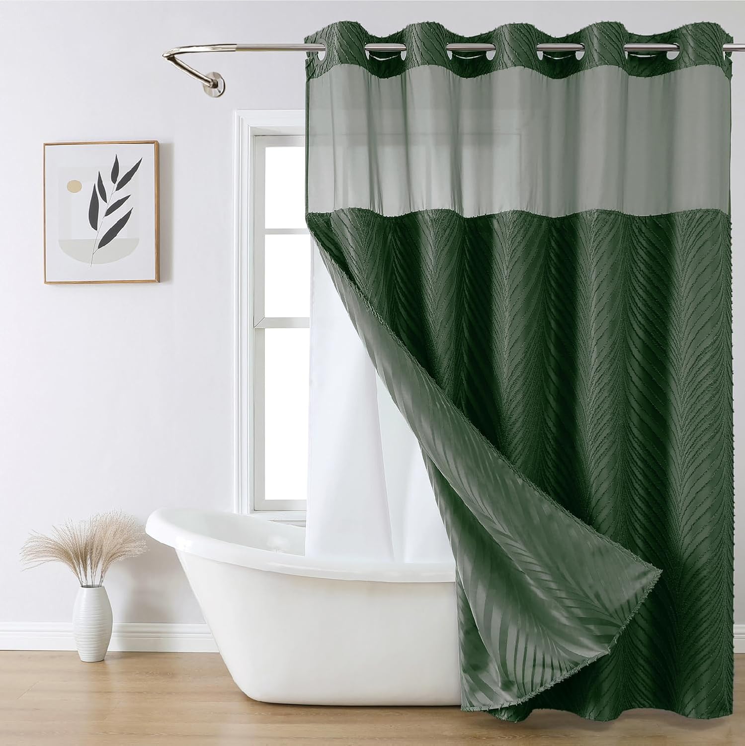 No Hook Dark Green Boho Shower Curtain Set with Snap Liner