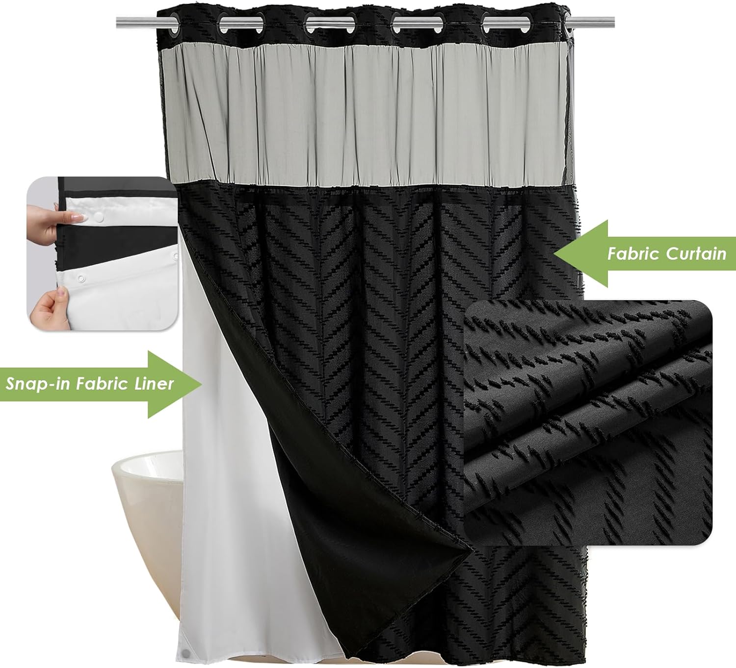 Nesphy Hookless Boho Shower Curtain Set Black Chevron Textured Double Layers Waterproof Liner