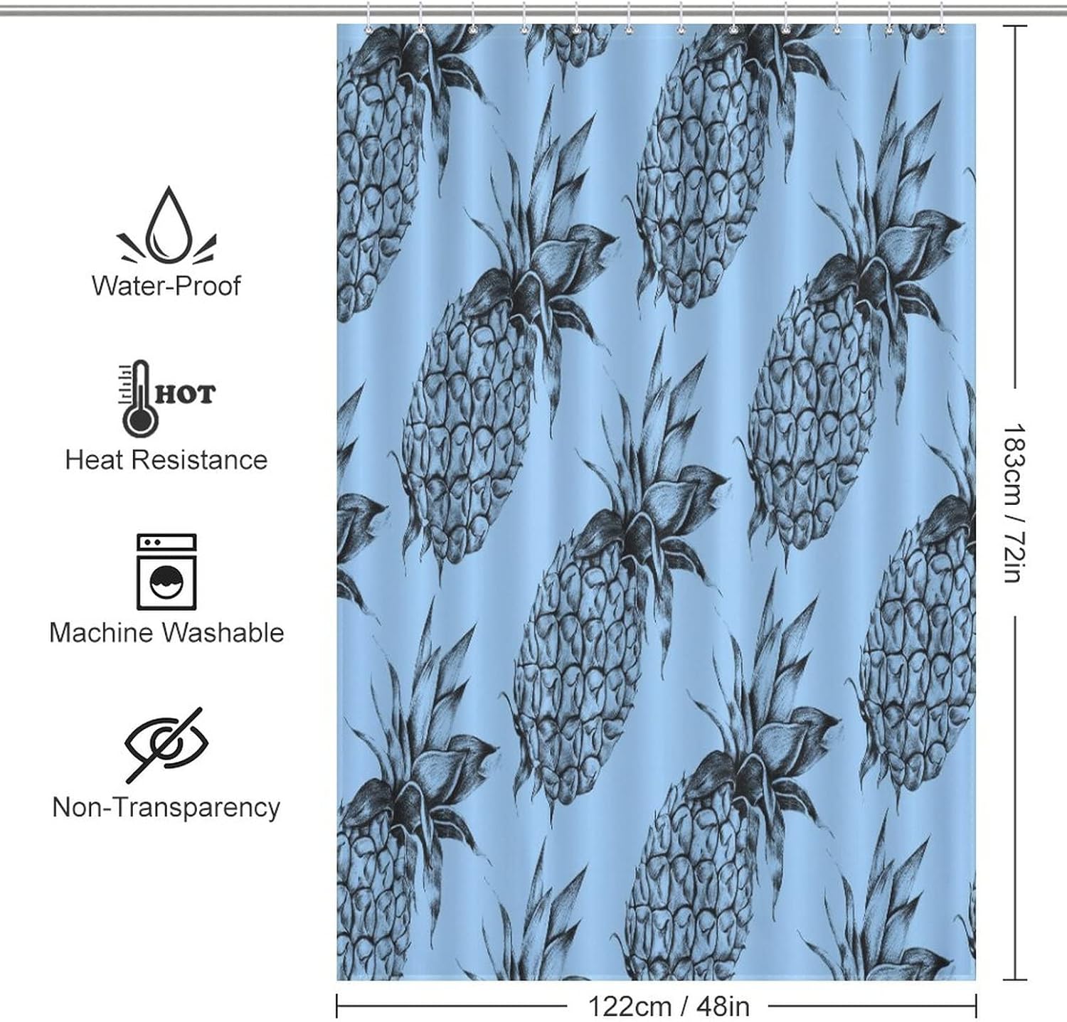 Pineapple Yellow Shower Curtain with 12 Hooks