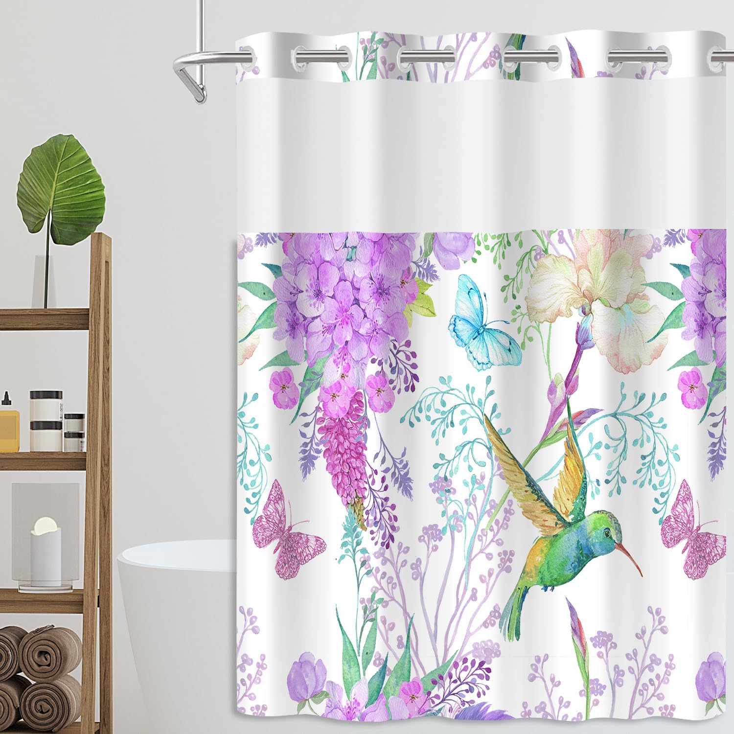 Mightree Purple Floral No Hook Shower Curtain Set