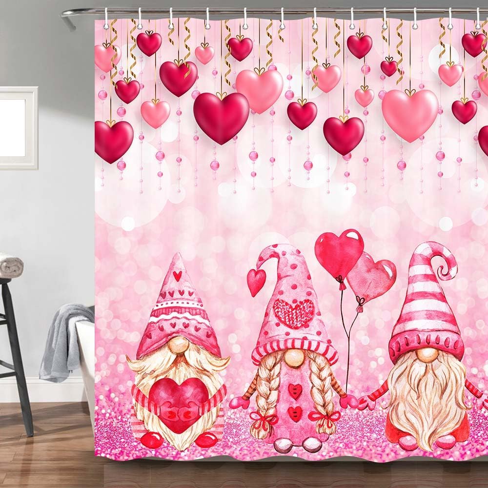 Valentines Day Gnome Shower Curtain with Glitter Love Heart Design