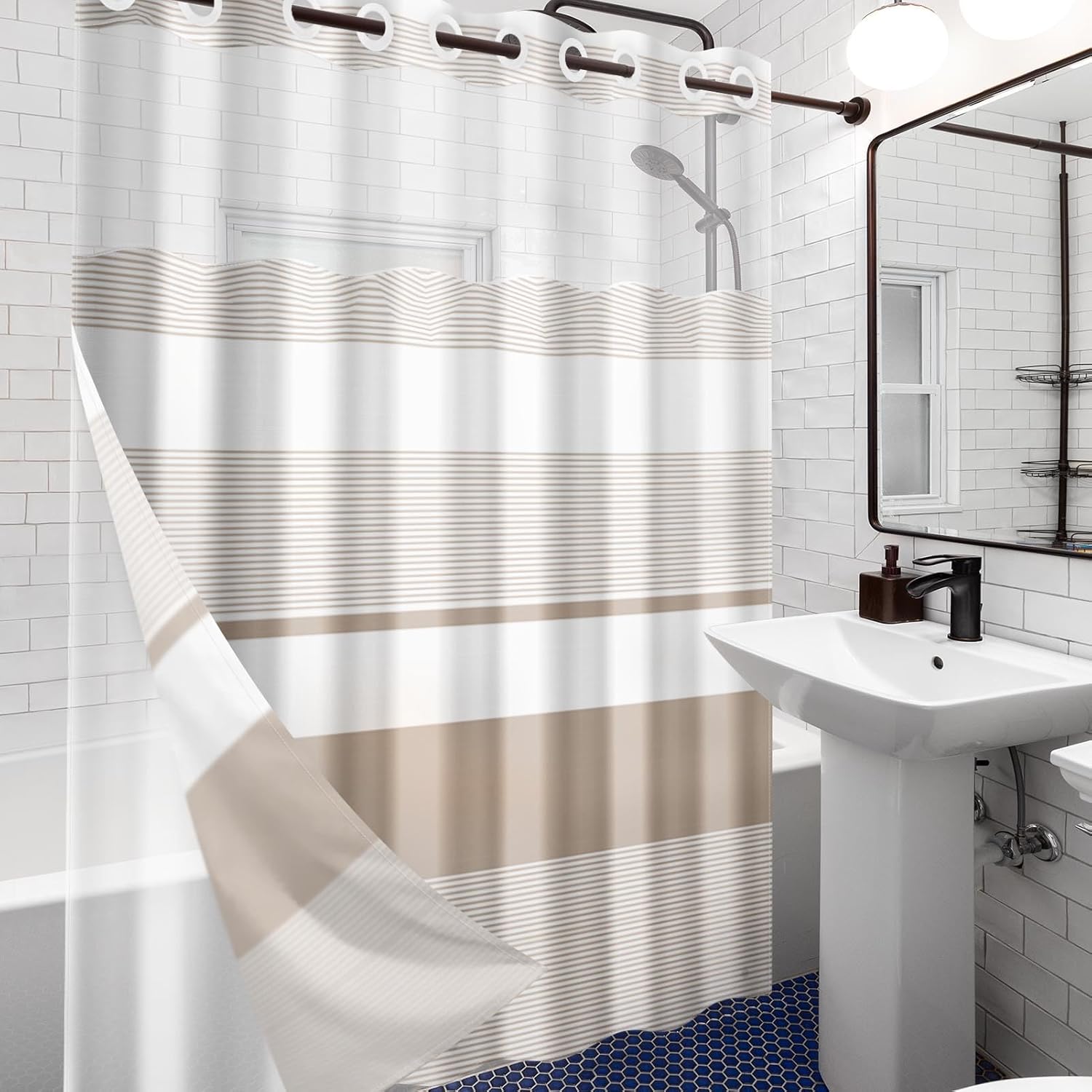 Nesphy No Hook Boho Beige Shower Curtain Set 1