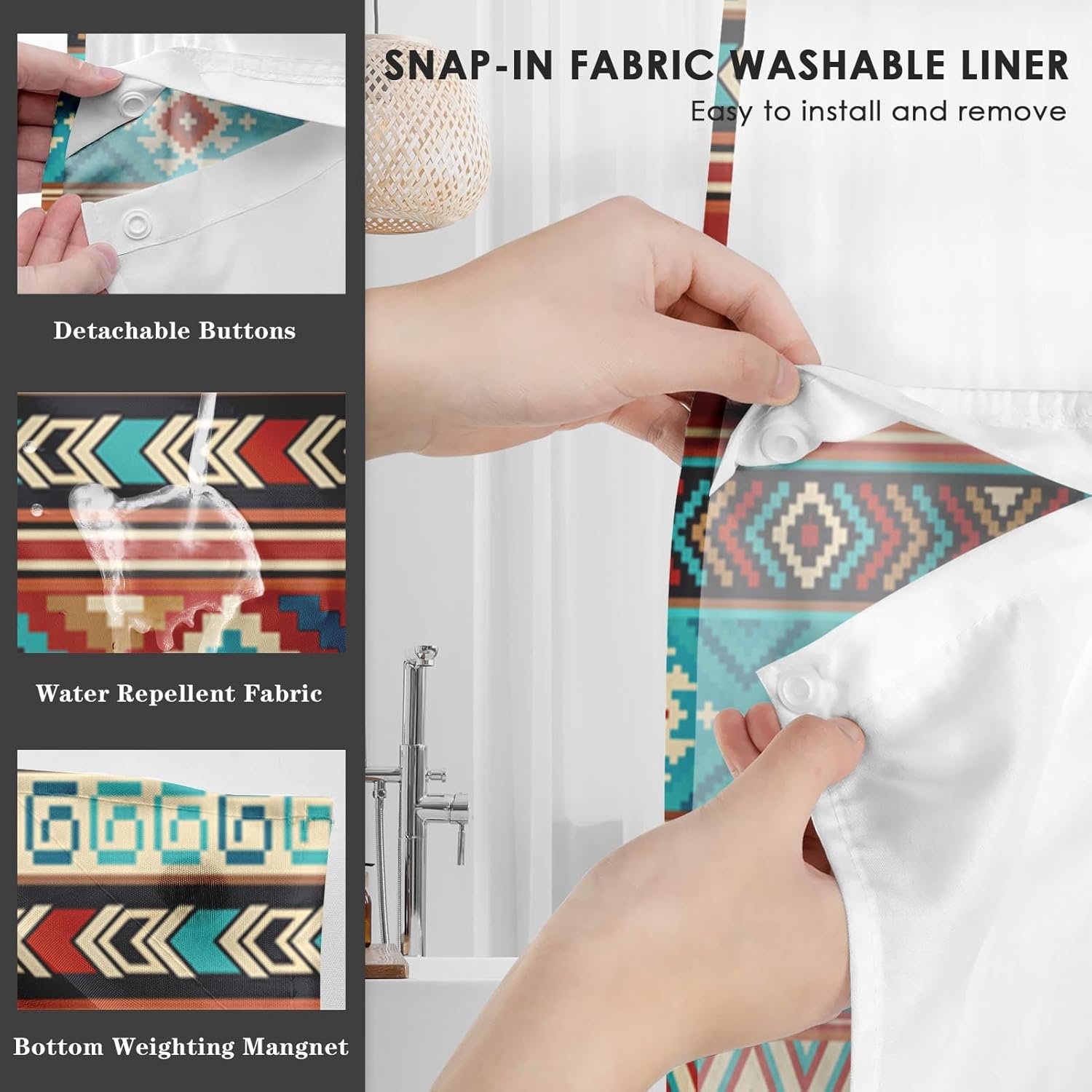 Nesphy No Hook Aztec Bohemian Shower Curtain Set