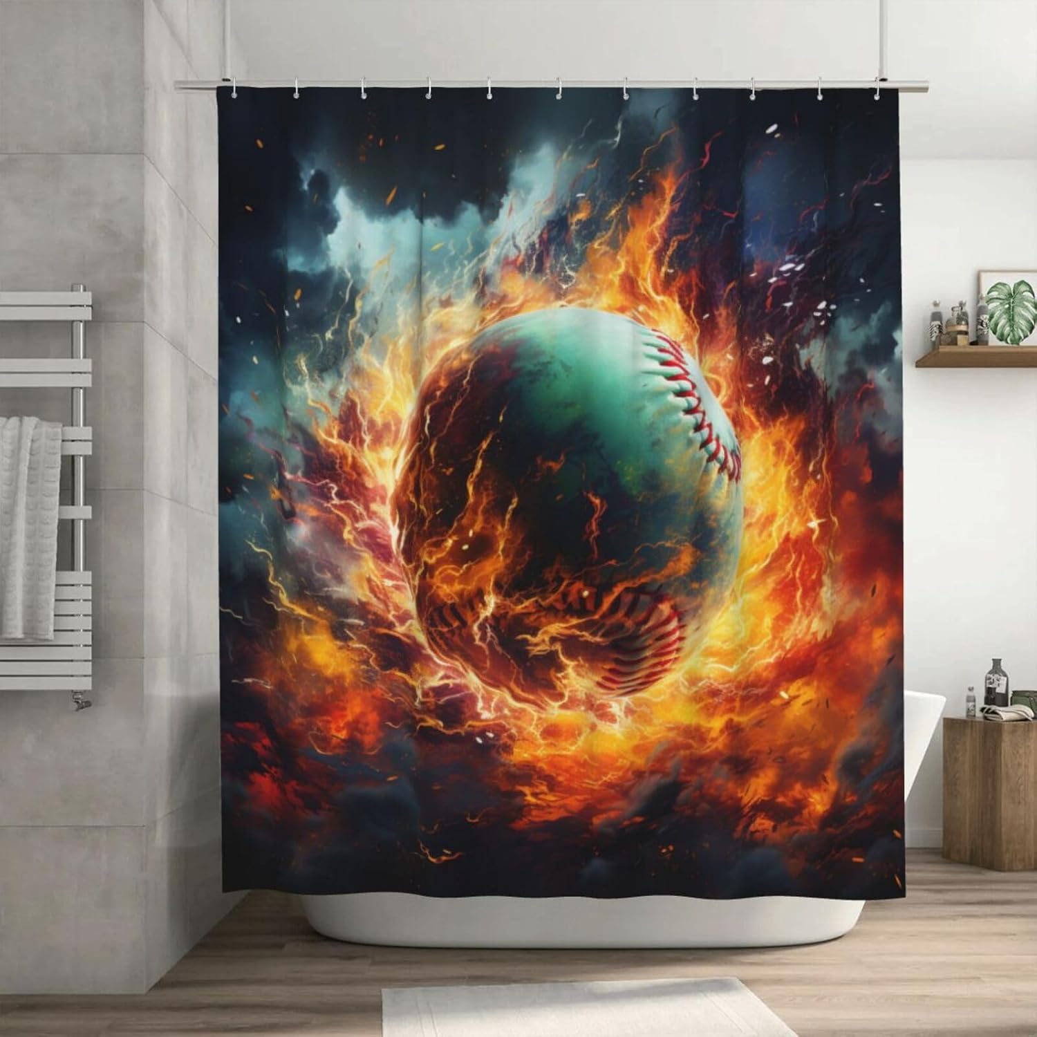 Red Flame Baseball Shower Curtain Set with 12 Hooks