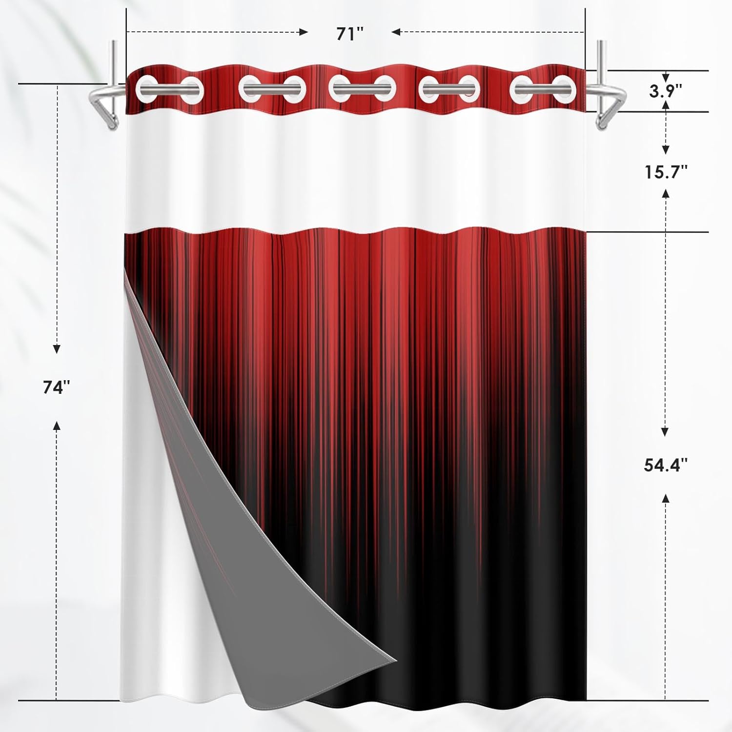 Nesphy No Hook Black Red Ombre Shower Curtain Set