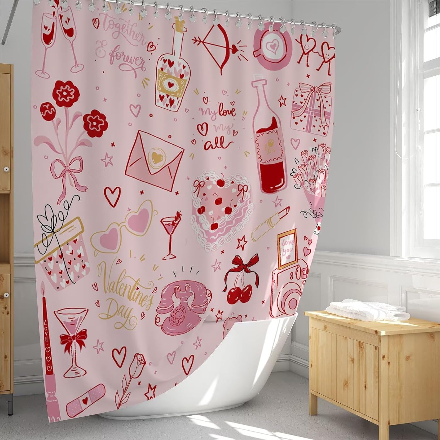Pink Valentines Day Shower Curtain Set with 12 Hooks 72x72 Inches