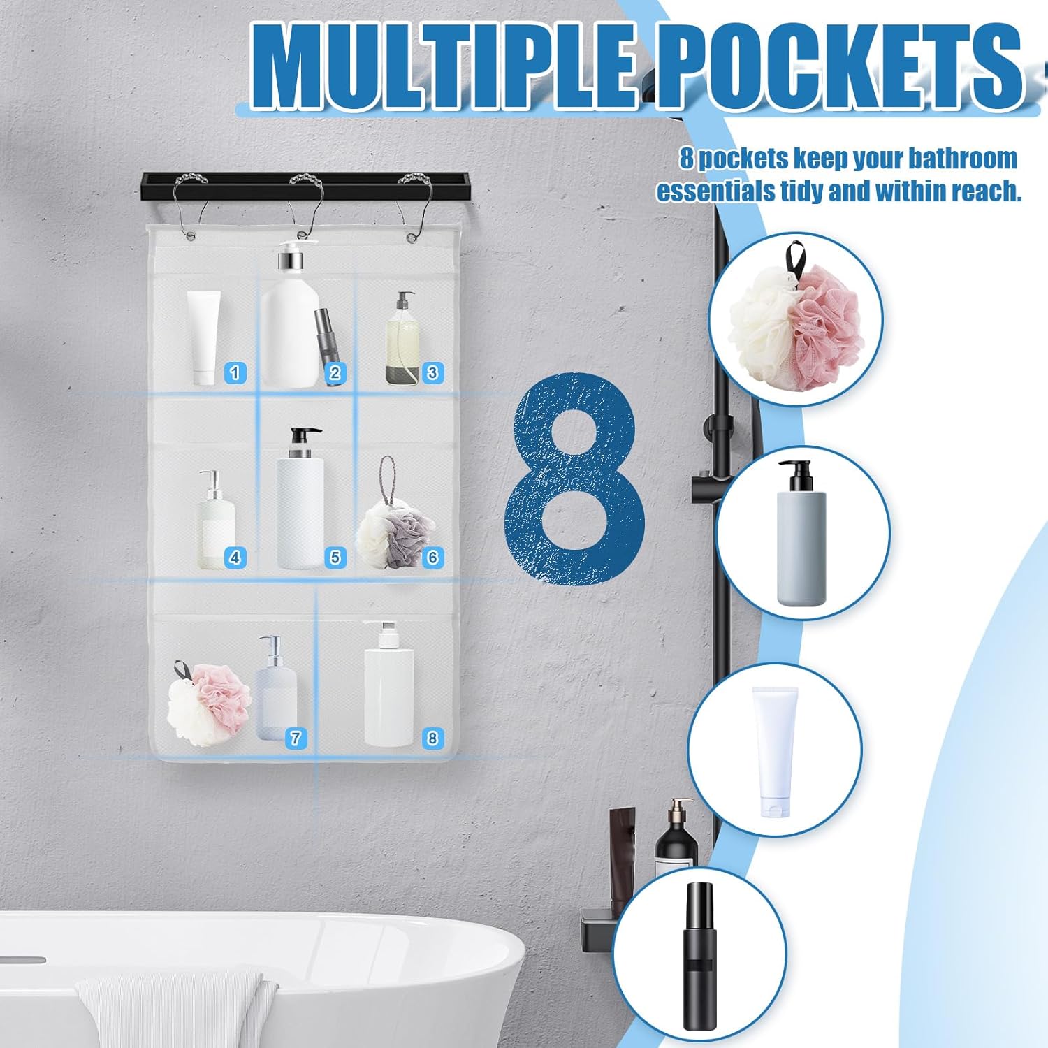 Mesh Shower Organizer Caddy with 8 Pockets and Rotating Hanger