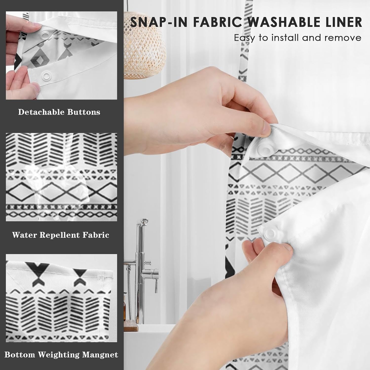 Nesphy No Hook White Black Shower Curtain Set