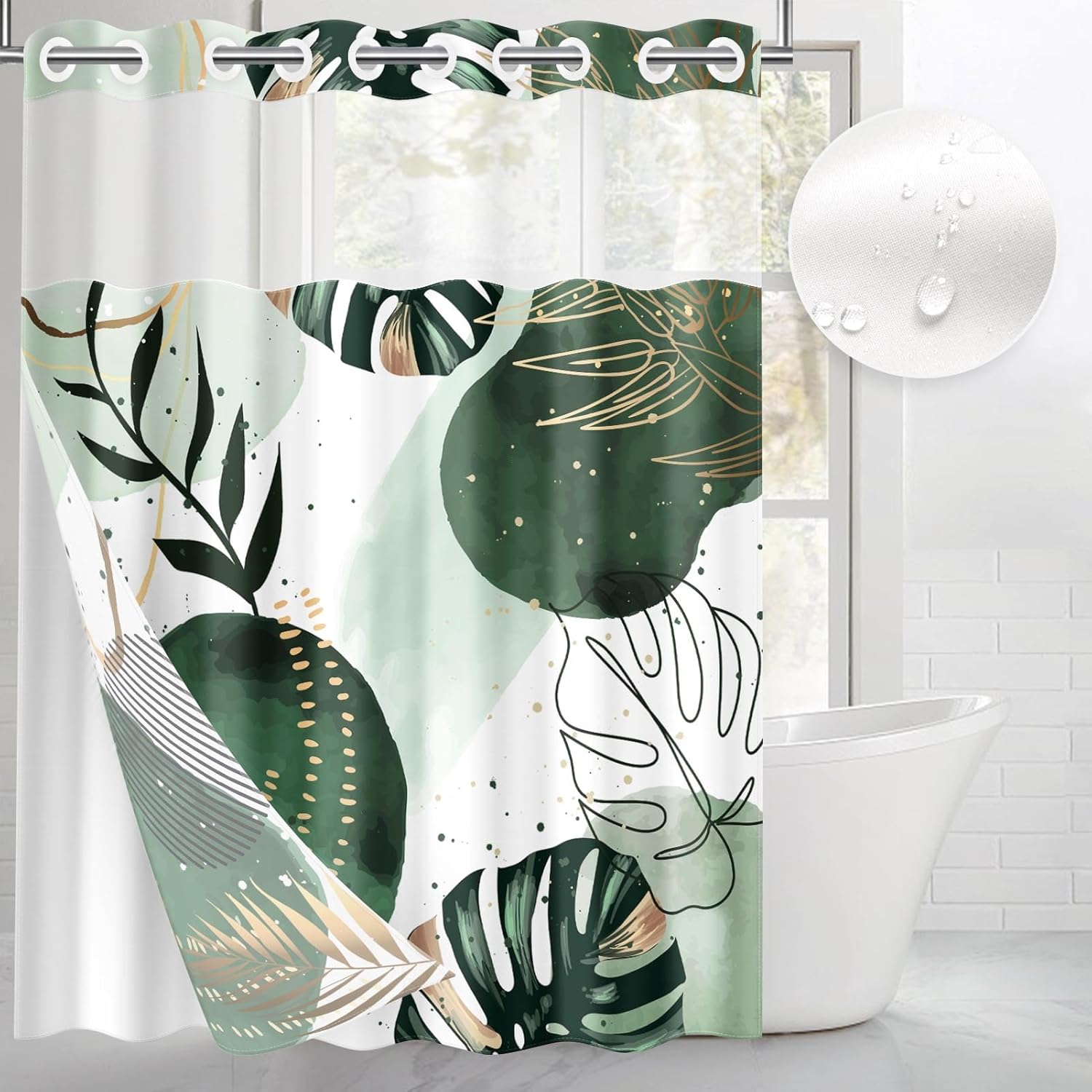 Britown Boho Green Gold Leaves Shower Curtain Set 1
