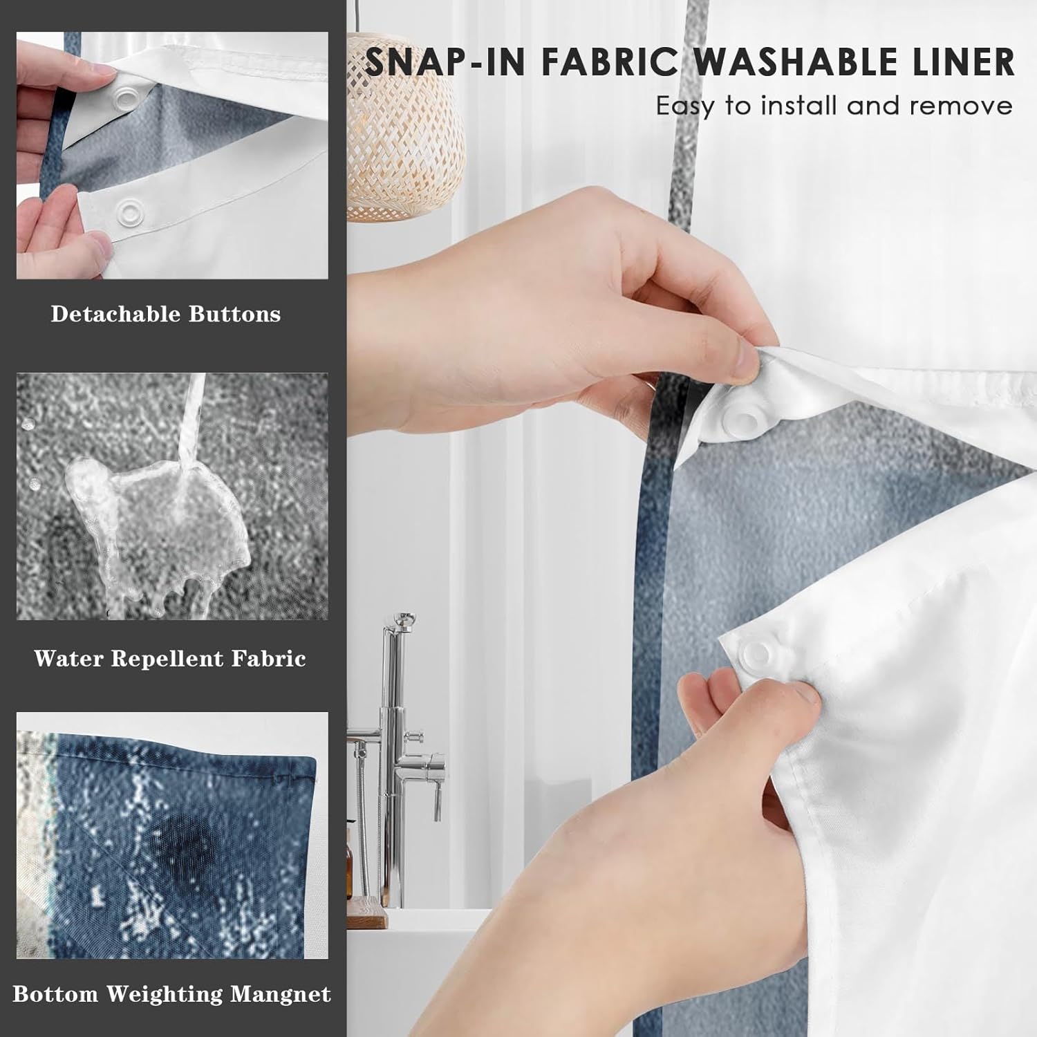 Nesphy No Hook Blue Grey Shower Curtain with Snap-in Liner 1