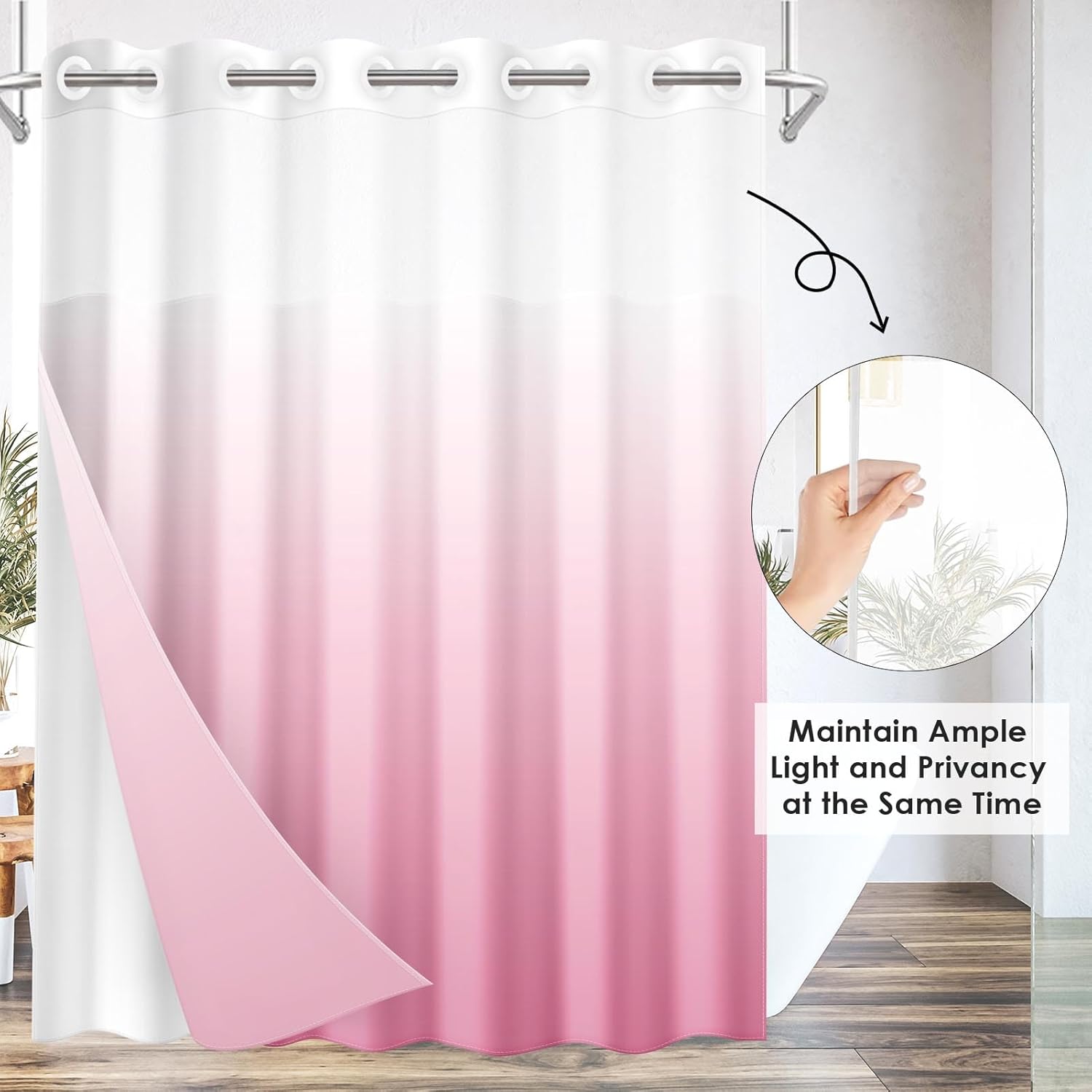Nesphy No Hook Ombre Pink Shower Curtain Set 1