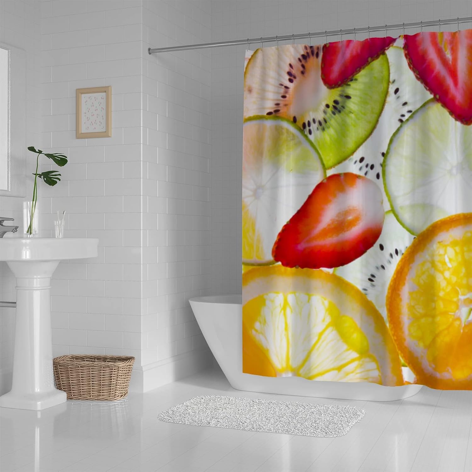 ZHIMI Shower Curtain with 12 Hooks Kiwi Orange Strawberry Design