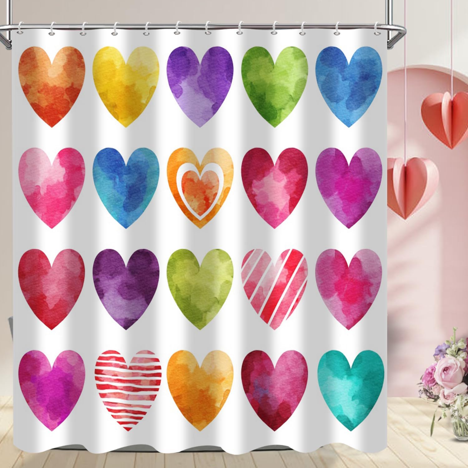 Valentines Day Shower Curtain with Hearts Design
