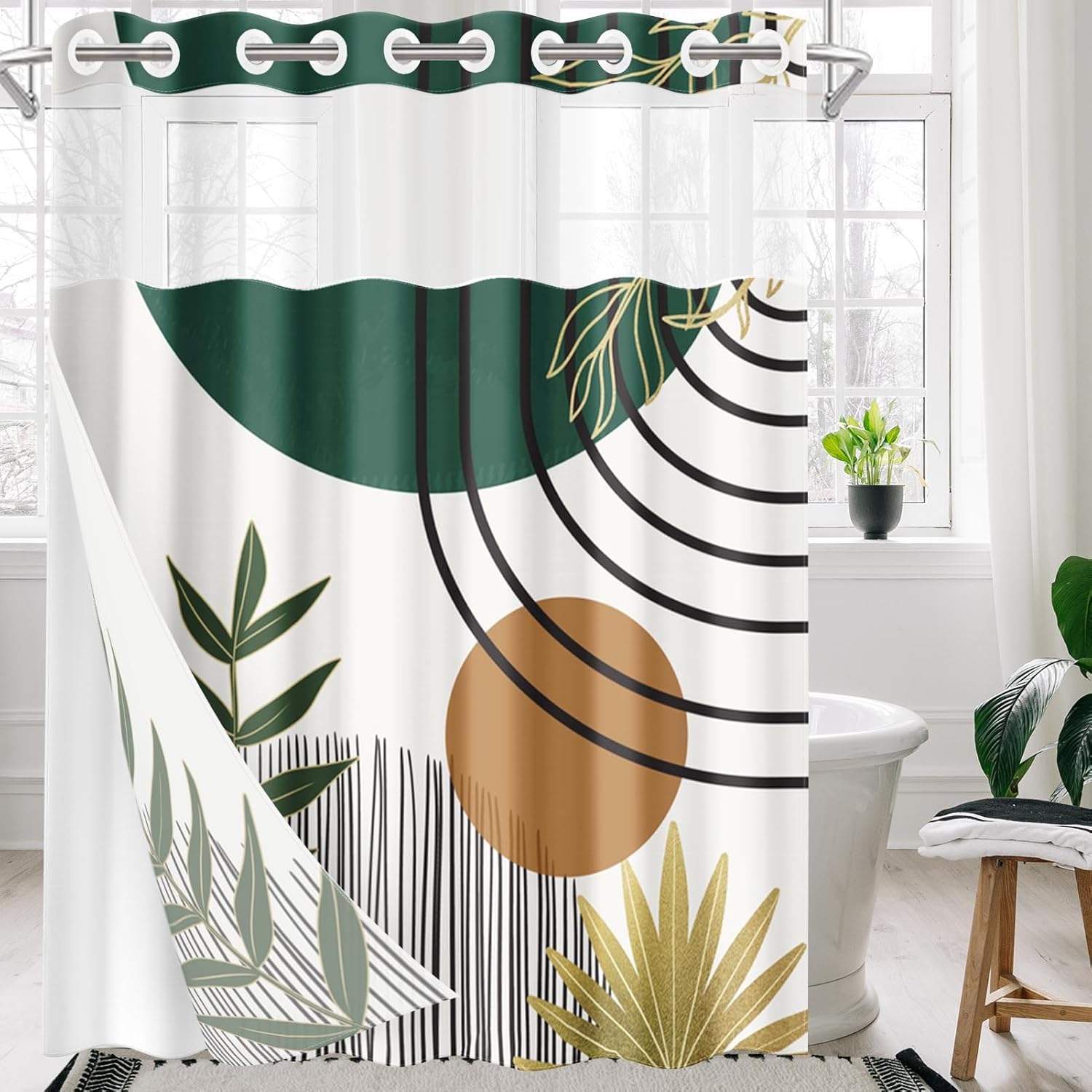 Nesphy Mid Century Green Boho Shower Curtain Set