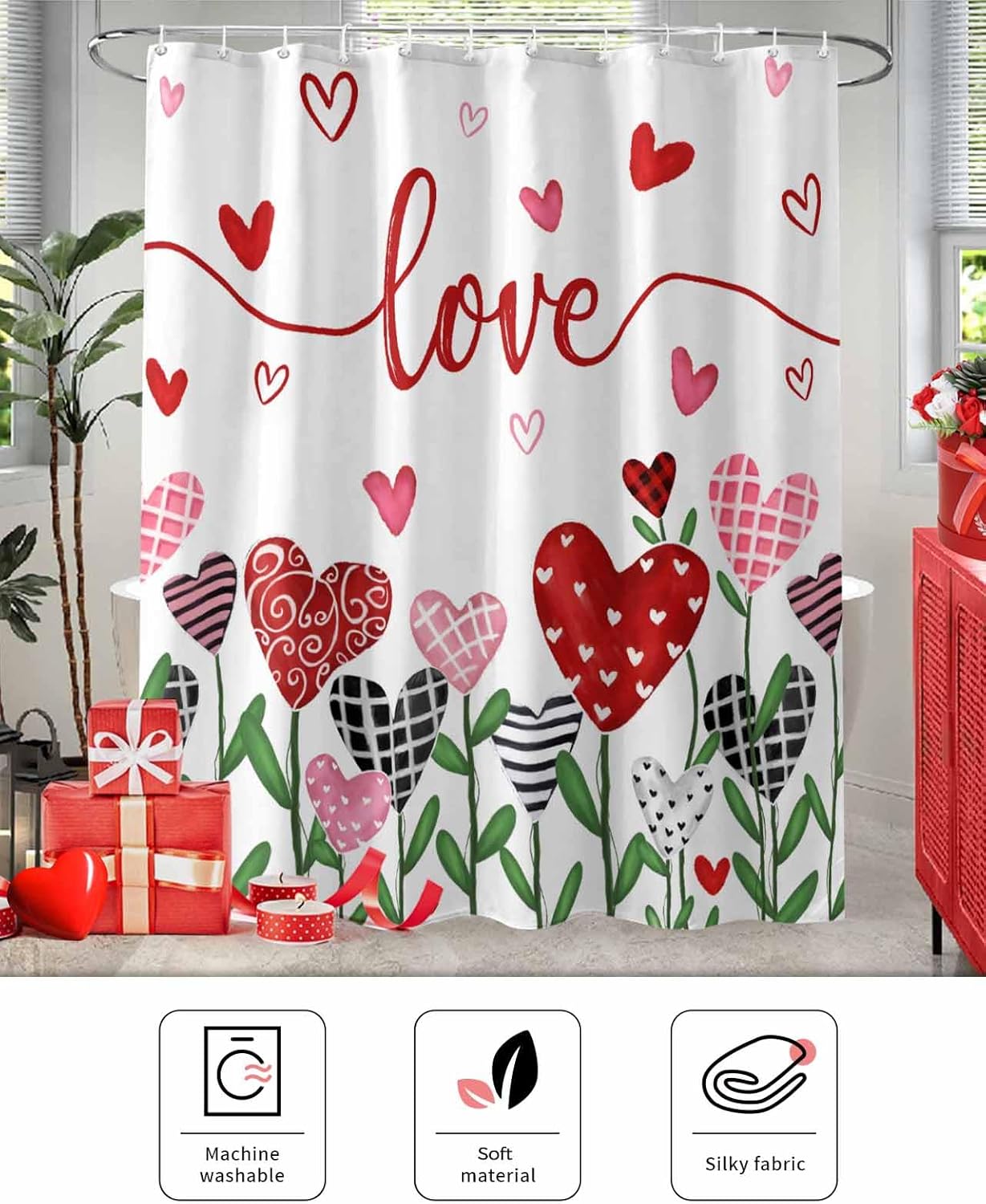 Vandarllin Pink Red Heart Shower Curtain Set 72x72