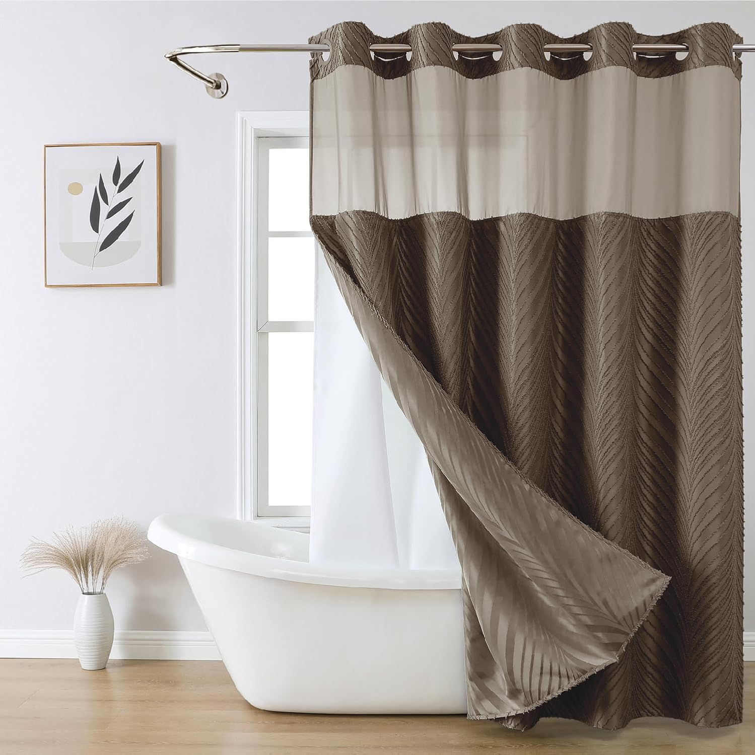 No Hook Boho Shower Curtain Set with Tufted Stripes and Snap Liner