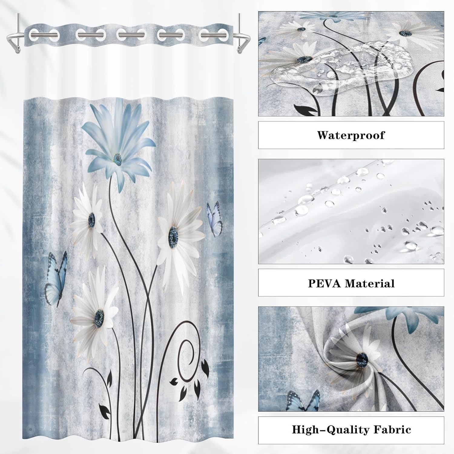 Nesphy Rustic Farmhouse Shower Curtain with PEVA Liner Set Blue Daisy Butterfly Style