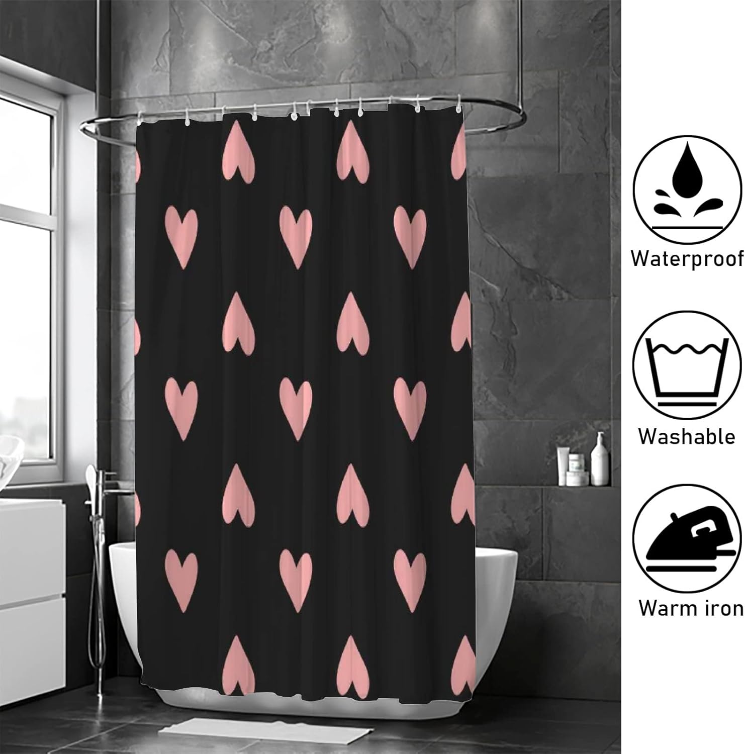 ZHIMI Shower Curtain Heart Design 60x72in Waterproof Washable with 12 Hooks