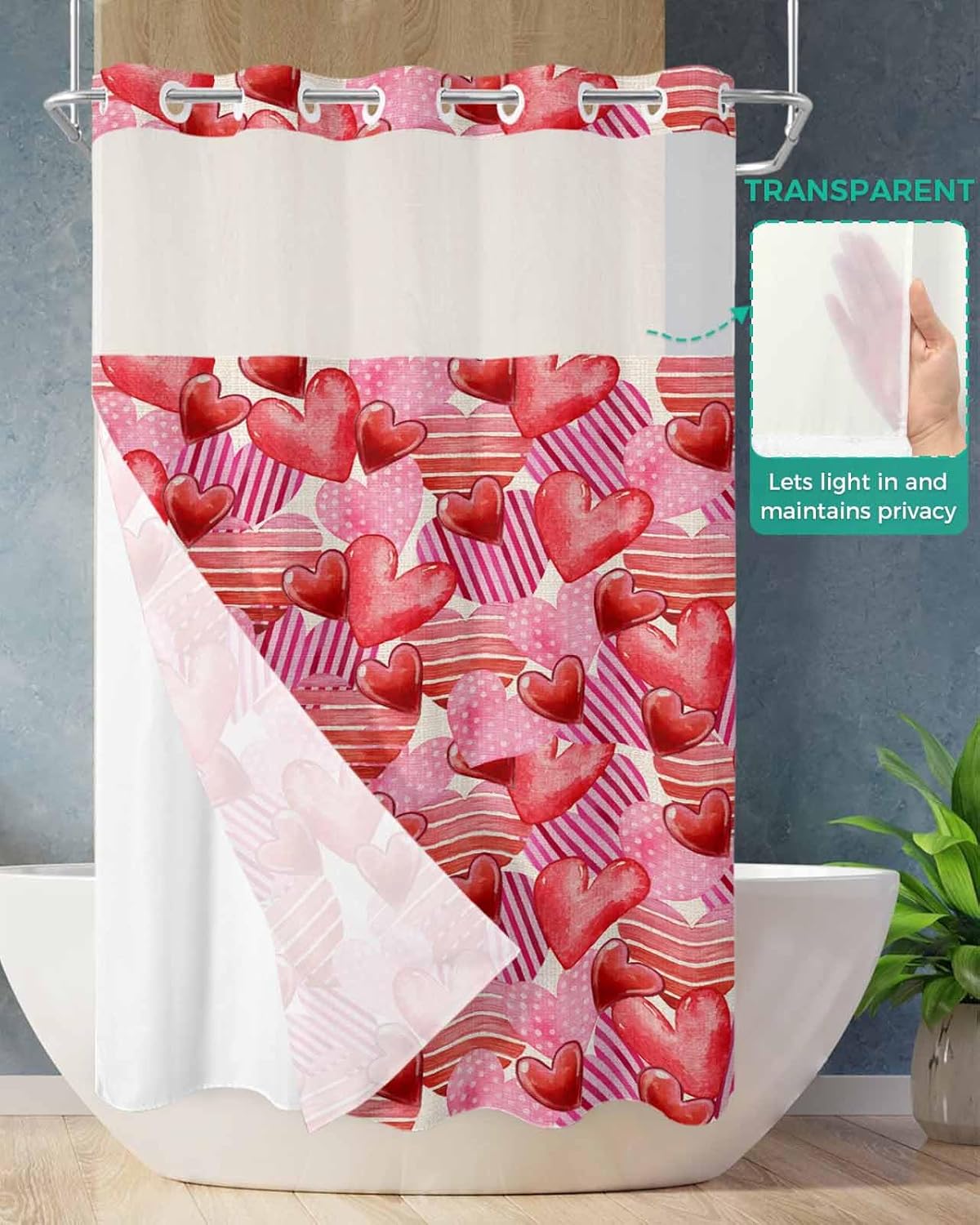 PIEPLE No Hook Shower Curtain Set with Snap Liner - Pink Red Heart Design