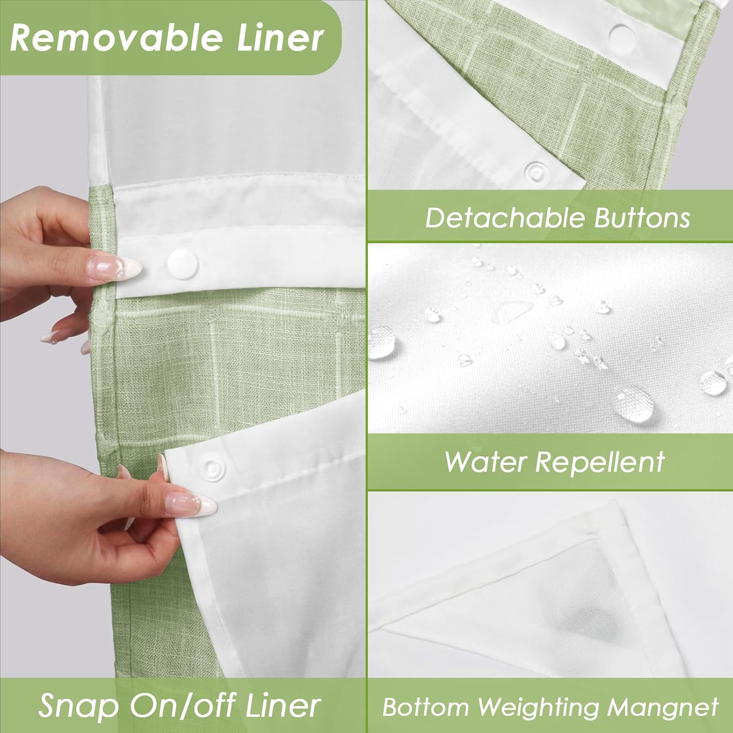 Nesphy Boho Farmhouse Shower Curtain Set Green Linen with Mesh Top