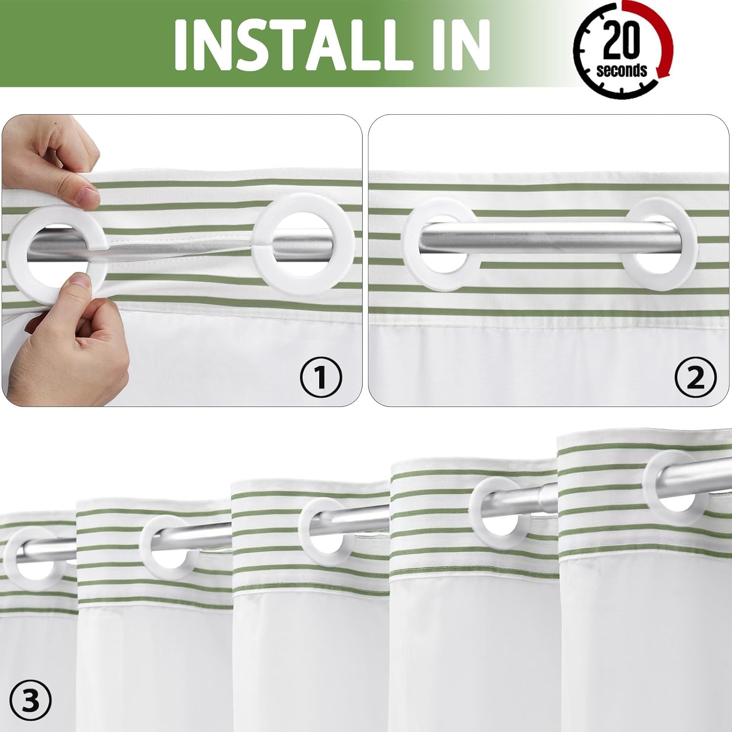 SMTHOM Sage Green Boho Striped Shower Curtain Set