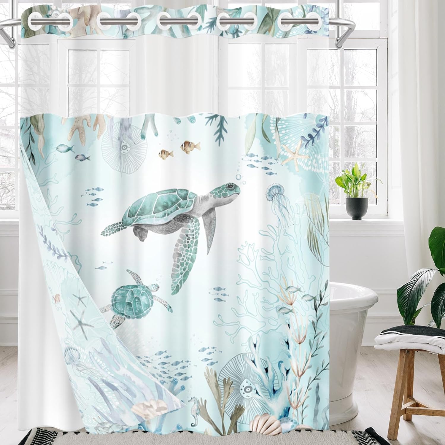 Nesphy Nautical Blue Sea Turtles Shower Curtain Set with Snap Lining