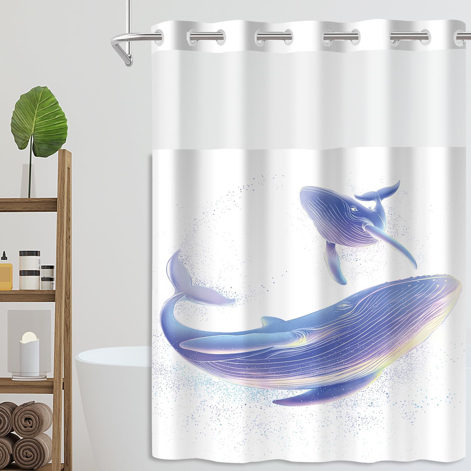 No Hook Shower Curtain Set with Snap-In Liner Double Whales 71x74 Inch