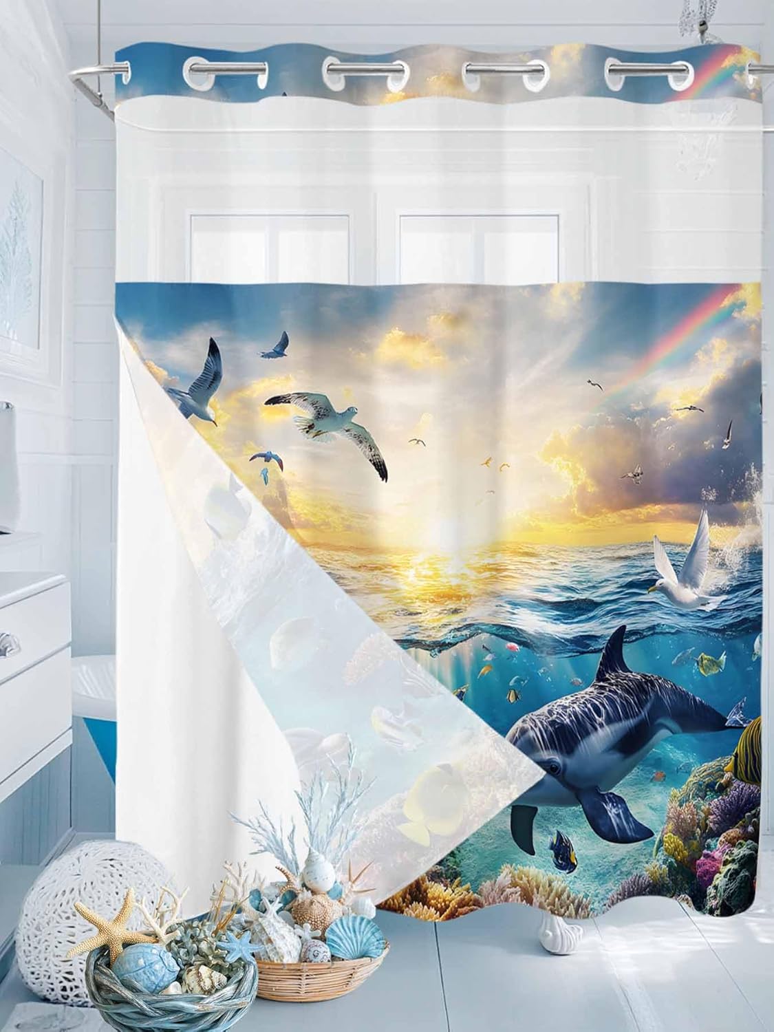 No Hooks Shower Curtain Set 72x72 with Dolphins Liner 1