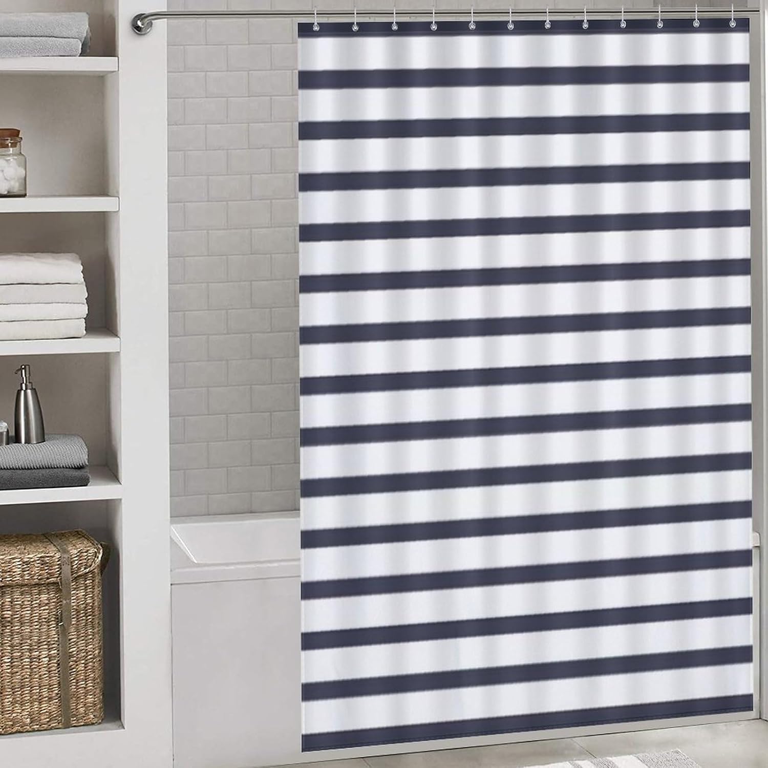 Navy Blue Summer Stripes Shower Curtain Set with 12 Hooks 60x72inch