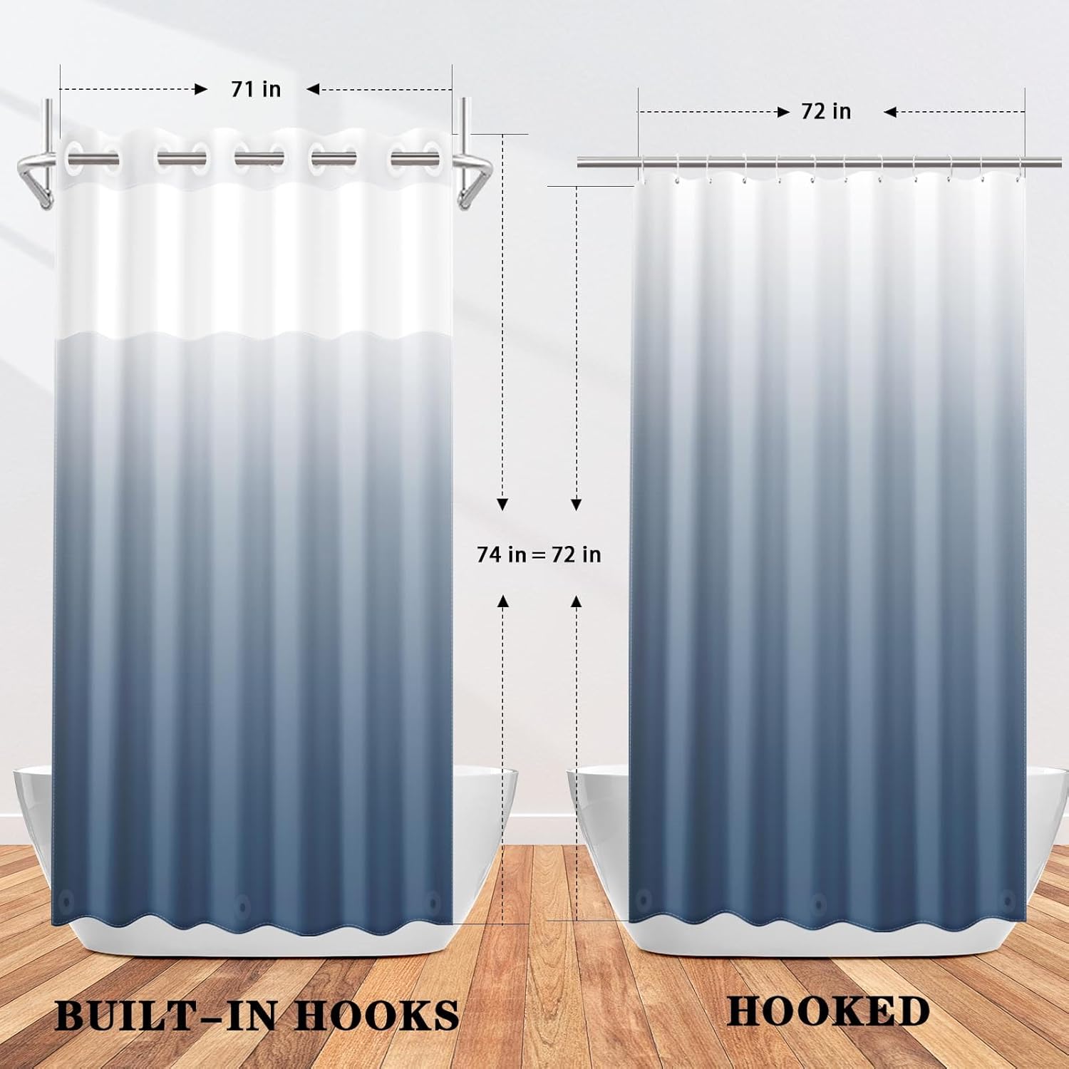 Nesphy No Hook Ombre Blue Shower Curtain Set 1