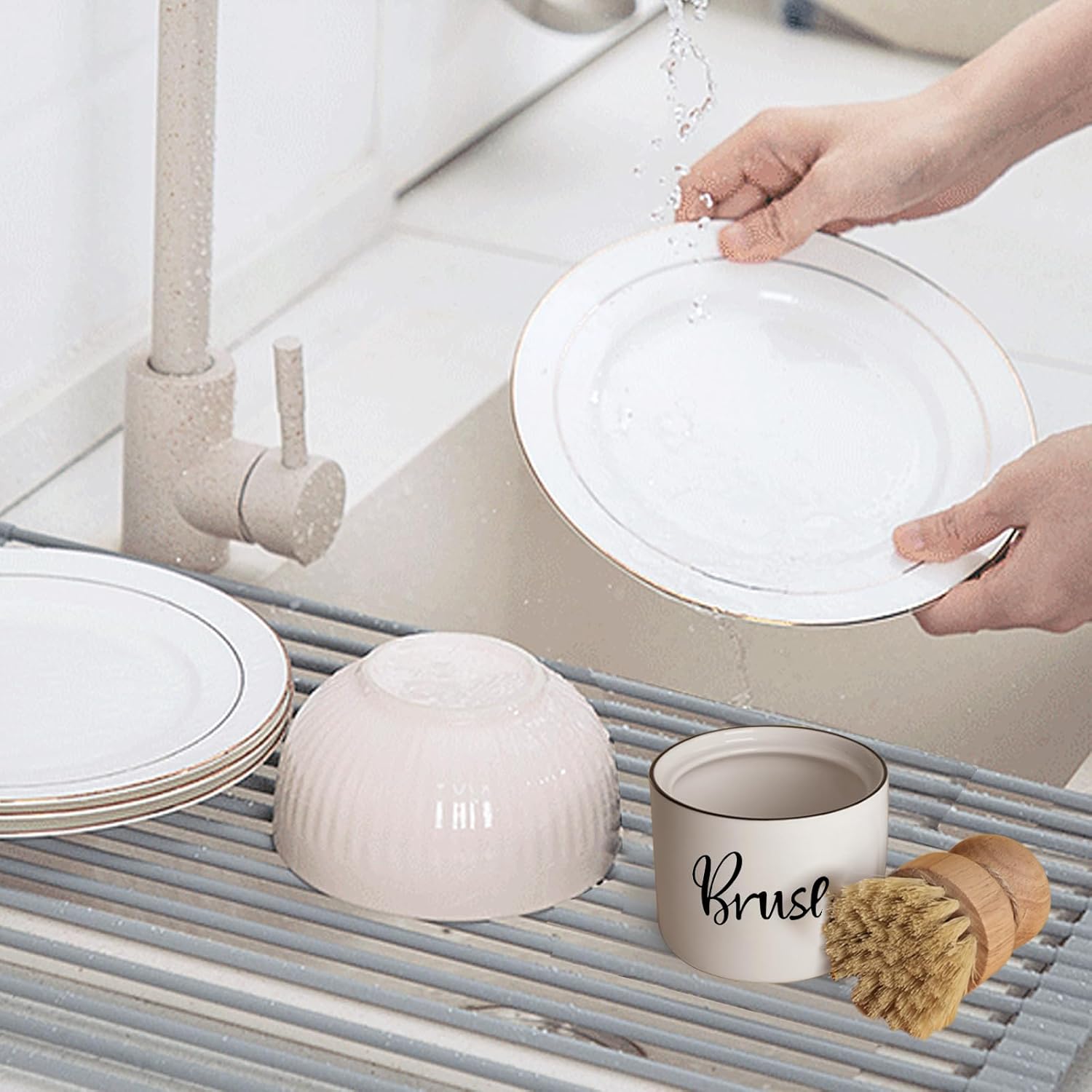 ONTUBE Ceramic Dish Brush Holder 8 oz White