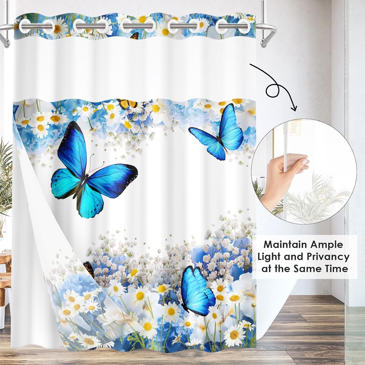 Nesphy No Hook Flower Chrysanthemum Shower Curtain Set