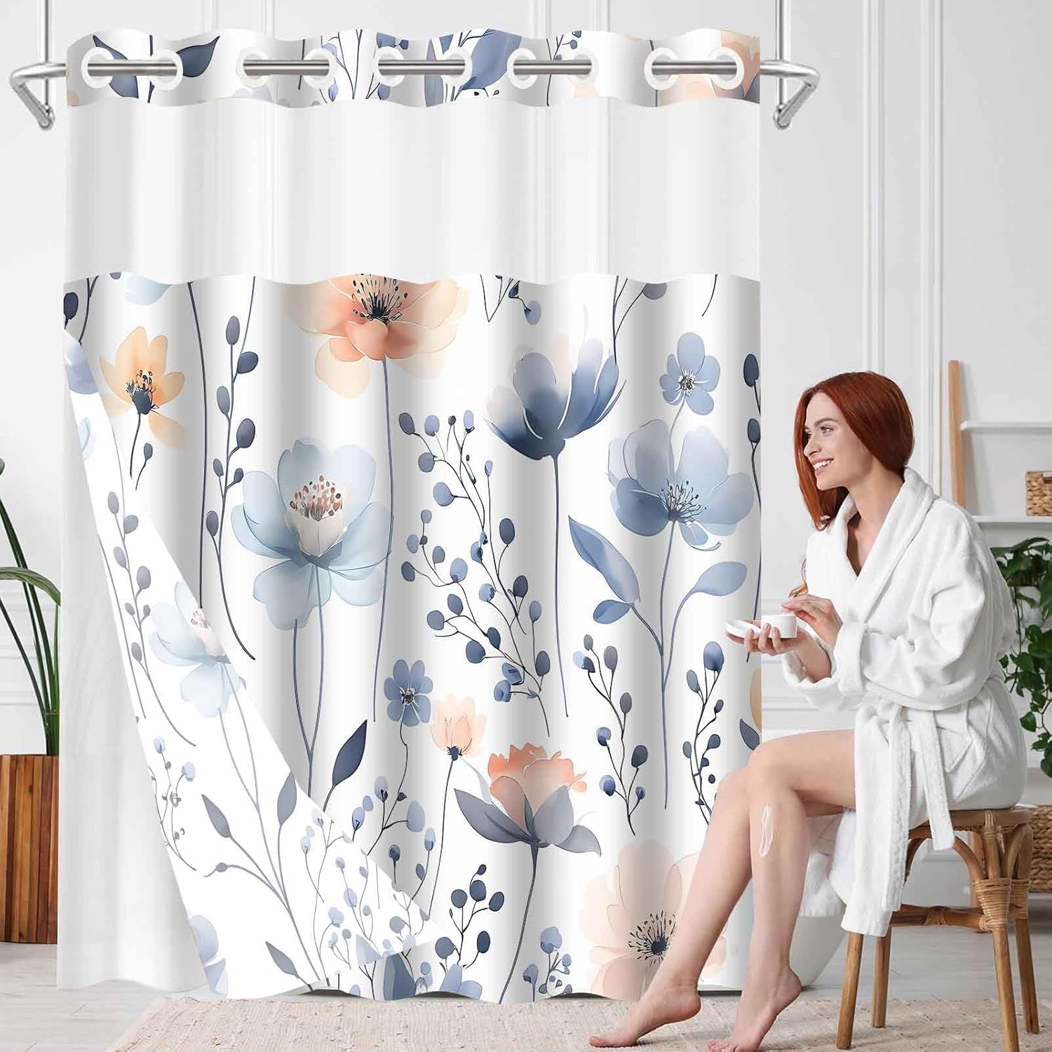 Gdmoon No Hook Floral Shower Curtain Set 71x74 with Snap Liner