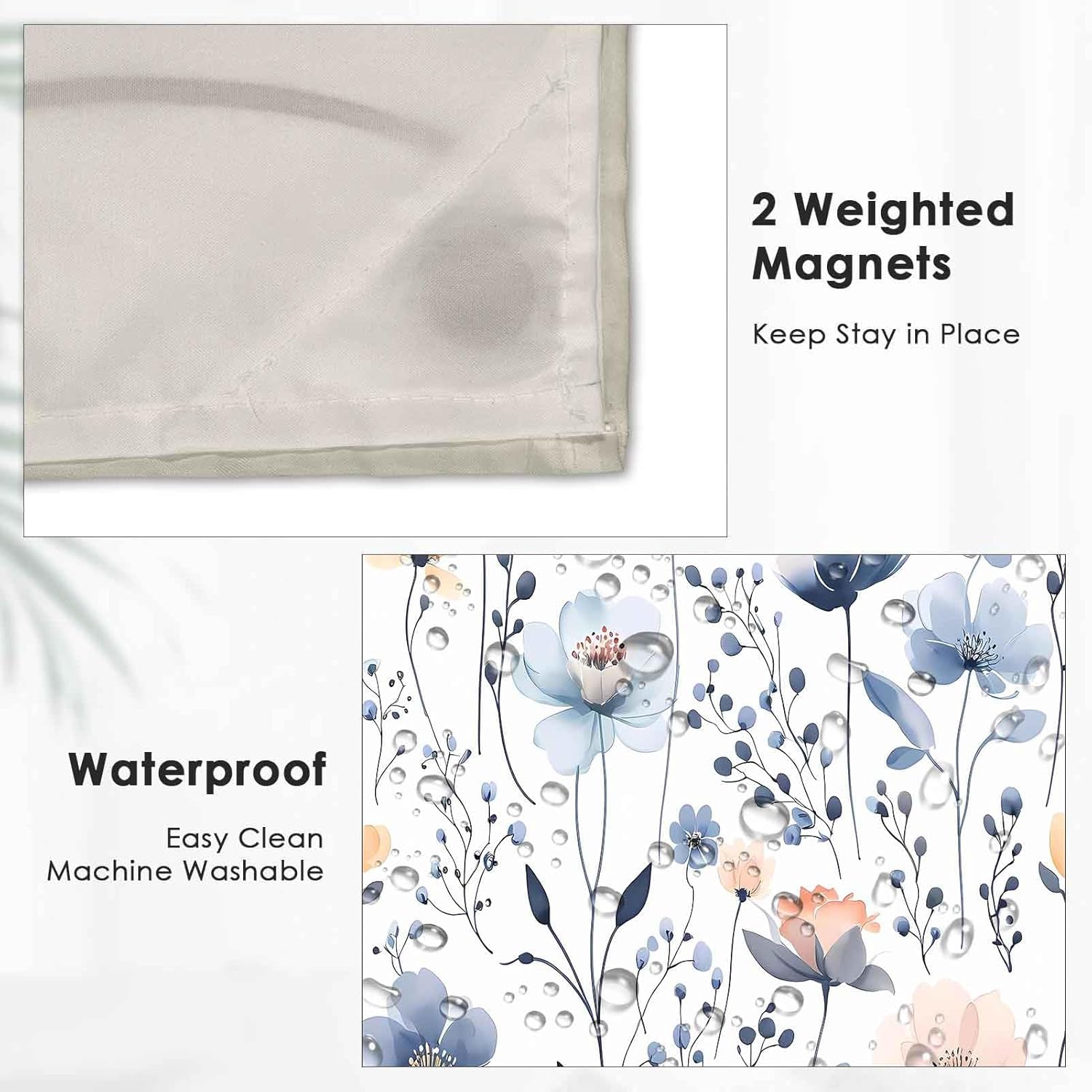 Gdmoon No Hook Floral Shower Curtain Set 71x74 with Snap Liner