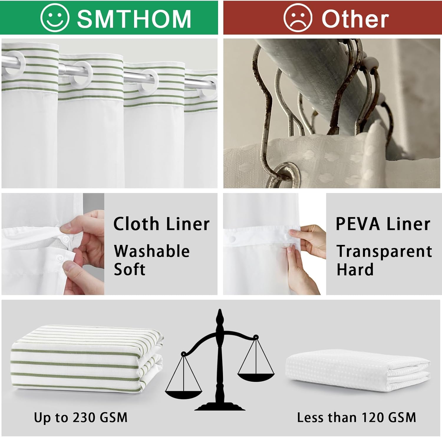 SMTHOM Sage Green Boho Striped Shower Curtain Set